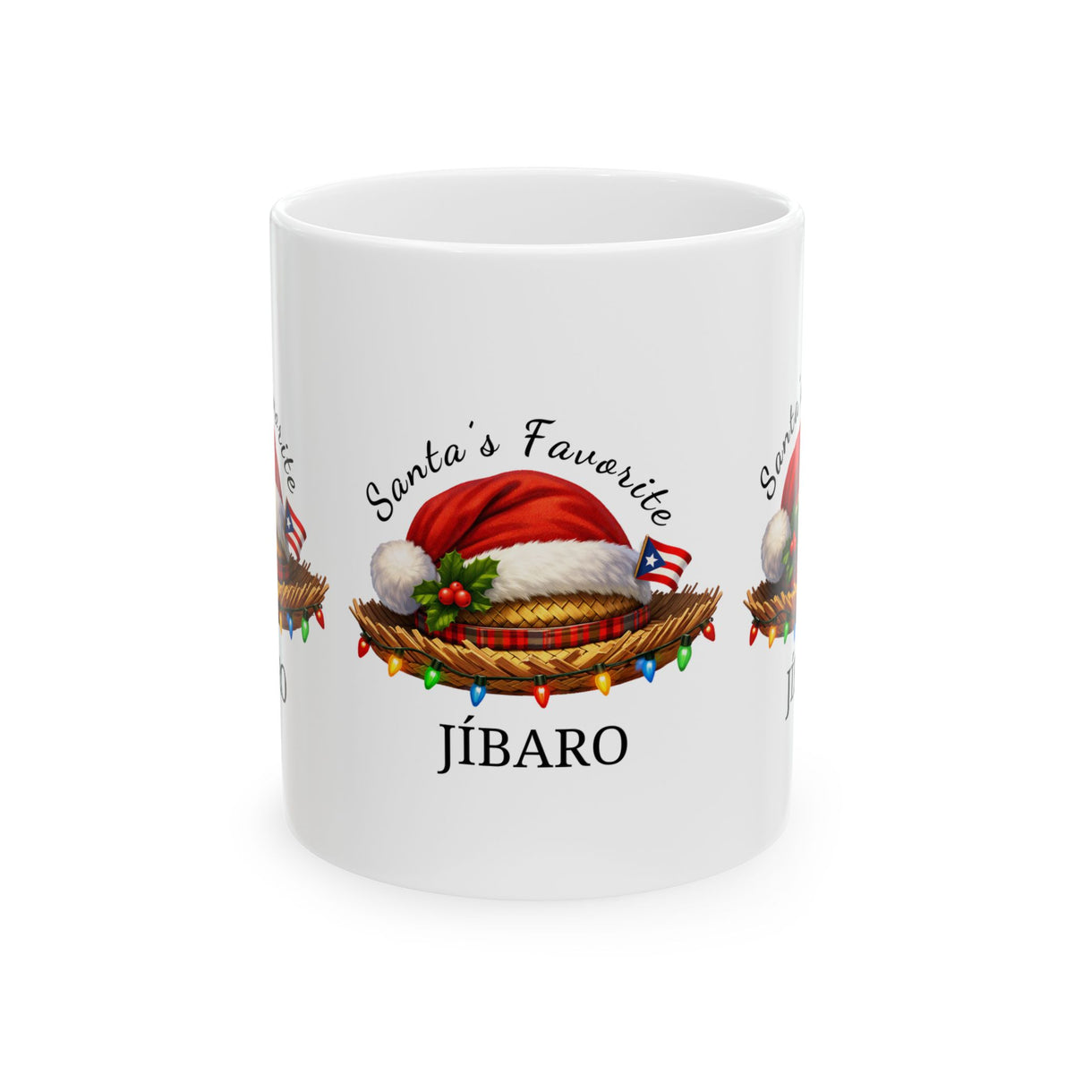 Handle-free view of the Santa’s Favorite Jíbaro mug showing the festive hat artwork and Jíbaro lettering.

