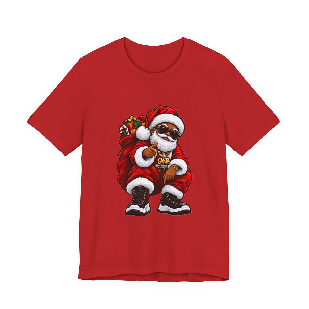 A red short-sleeve crewneck t-shirt featuring a cartoon graphic of a Santa Claus character with sunglasses, a gold chain, and a sack of gifts, displayed on a solid white background.