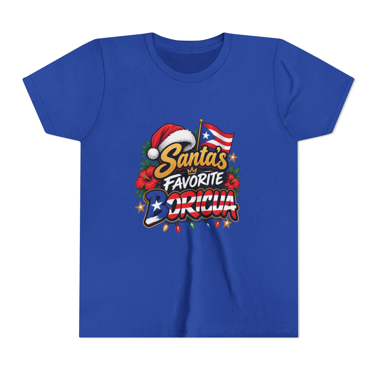 A royal blue short-sleeve t-shirt with a festive graphic on the chest reading 'Santa's Favorite Boricua in stylized lettering, decorated with a Santa hat, flowers, a small American flag, and holiday lights.