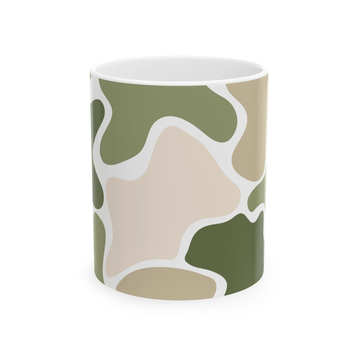 Front view of a green and beige camouflage mug on a white background.