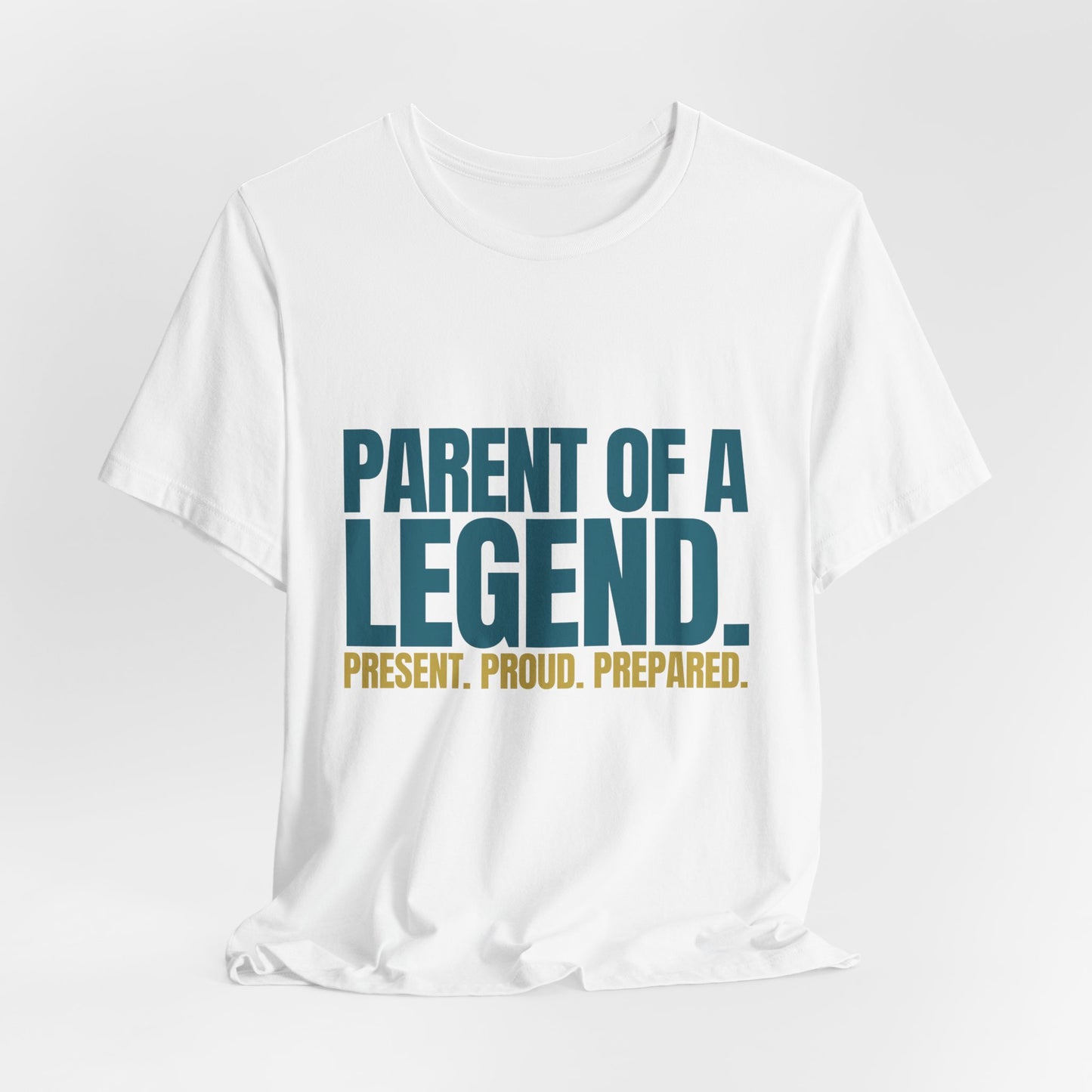 Parent of a Legend navy tee showing relaxed drop fit and drape