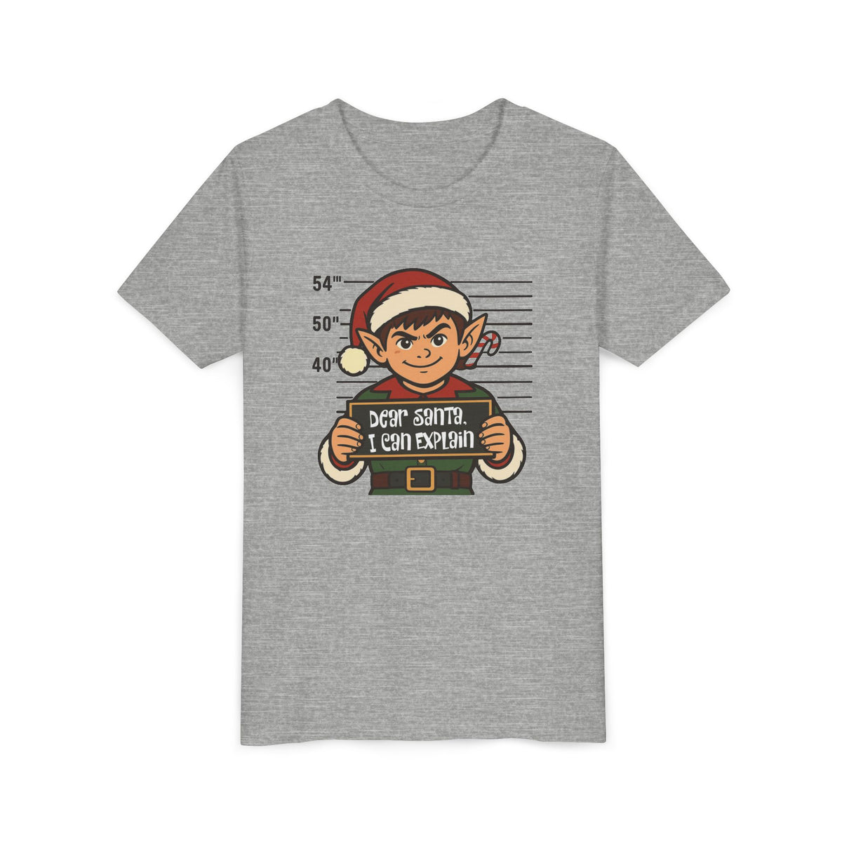 Athletic Heather Dear Santa I Can Explain kids Christmas elf t-shirt, front view