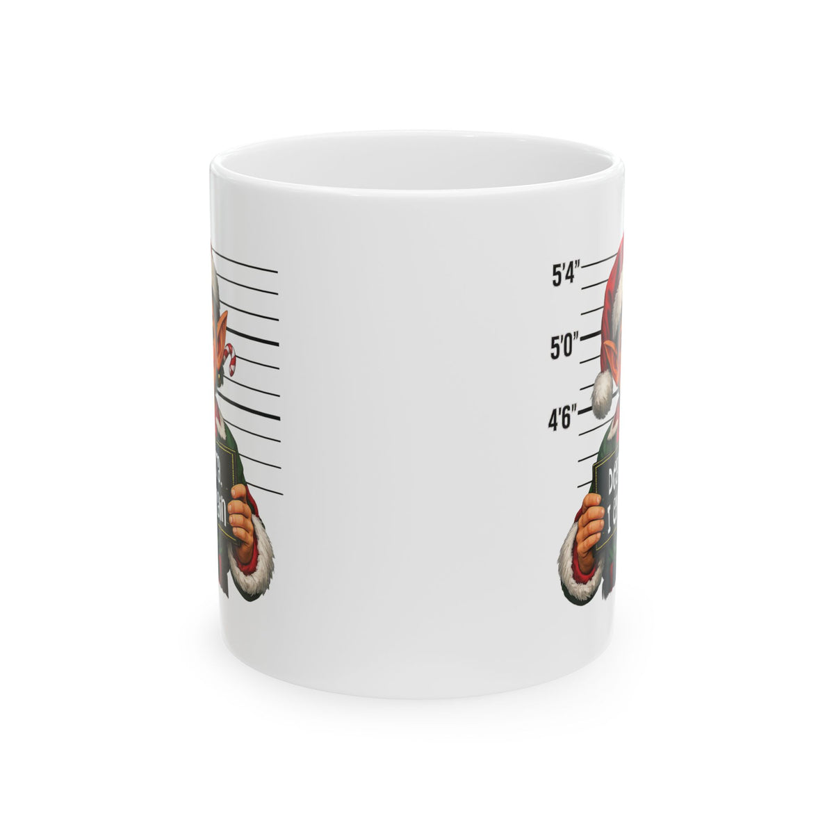 Side view of a white Christmas mug showing part of the elf design and mugshot height markings.