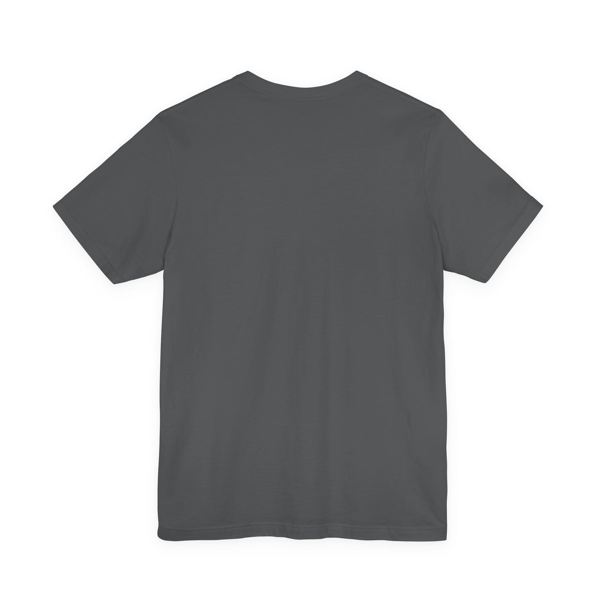 A plain black short-sleeve crewneck t-shirt shown from the back, laid flat against a solid white background.