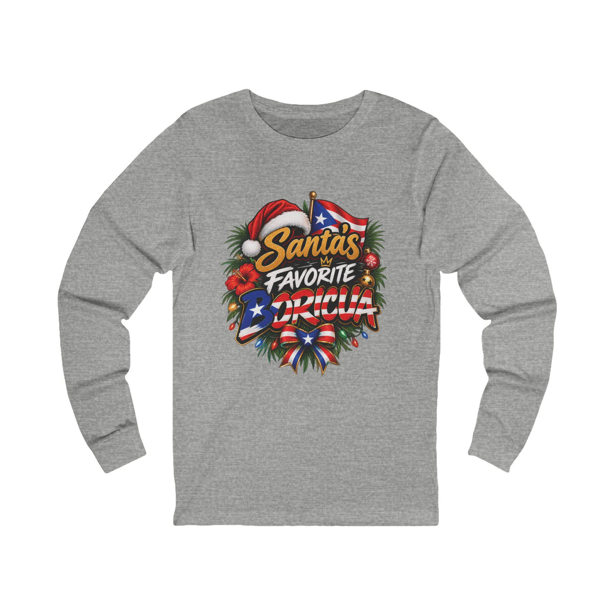 Gray Santa’s Favorite Boricua Christmas long-sleeve shirt with colorful holiday artwork and Puerto Rican flag details.
