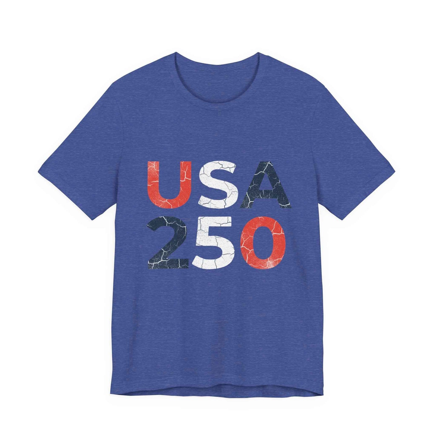 USA 250 Distressed Graphic Tee in Heather True Royal – flat lay product mockup of America 250 patriotic anniversary tee

