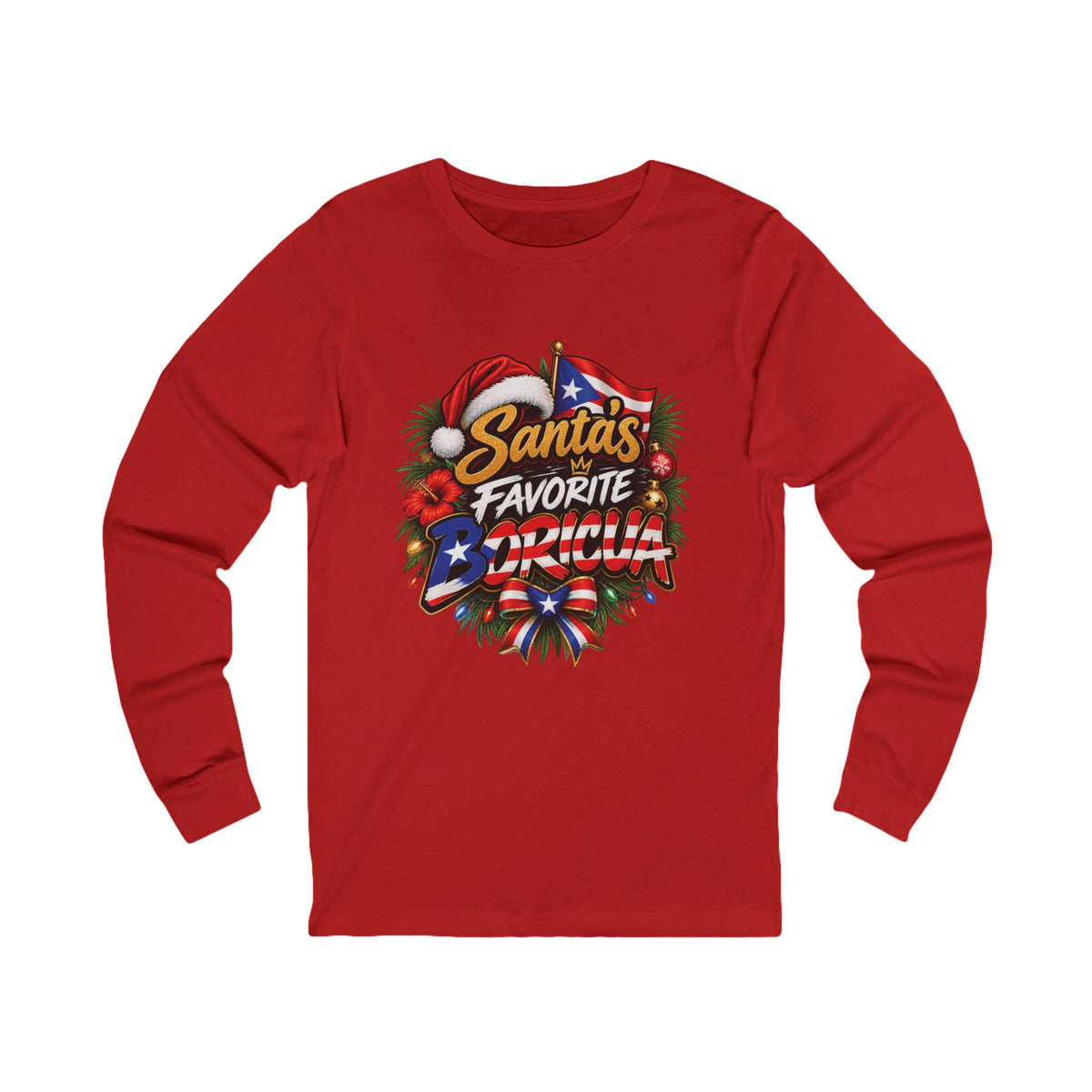 Front view of a red Santa’s Favorite Boricua Christmas long-sleeve shirt with colorful holiday artwork and Puerto Rican flag details.
