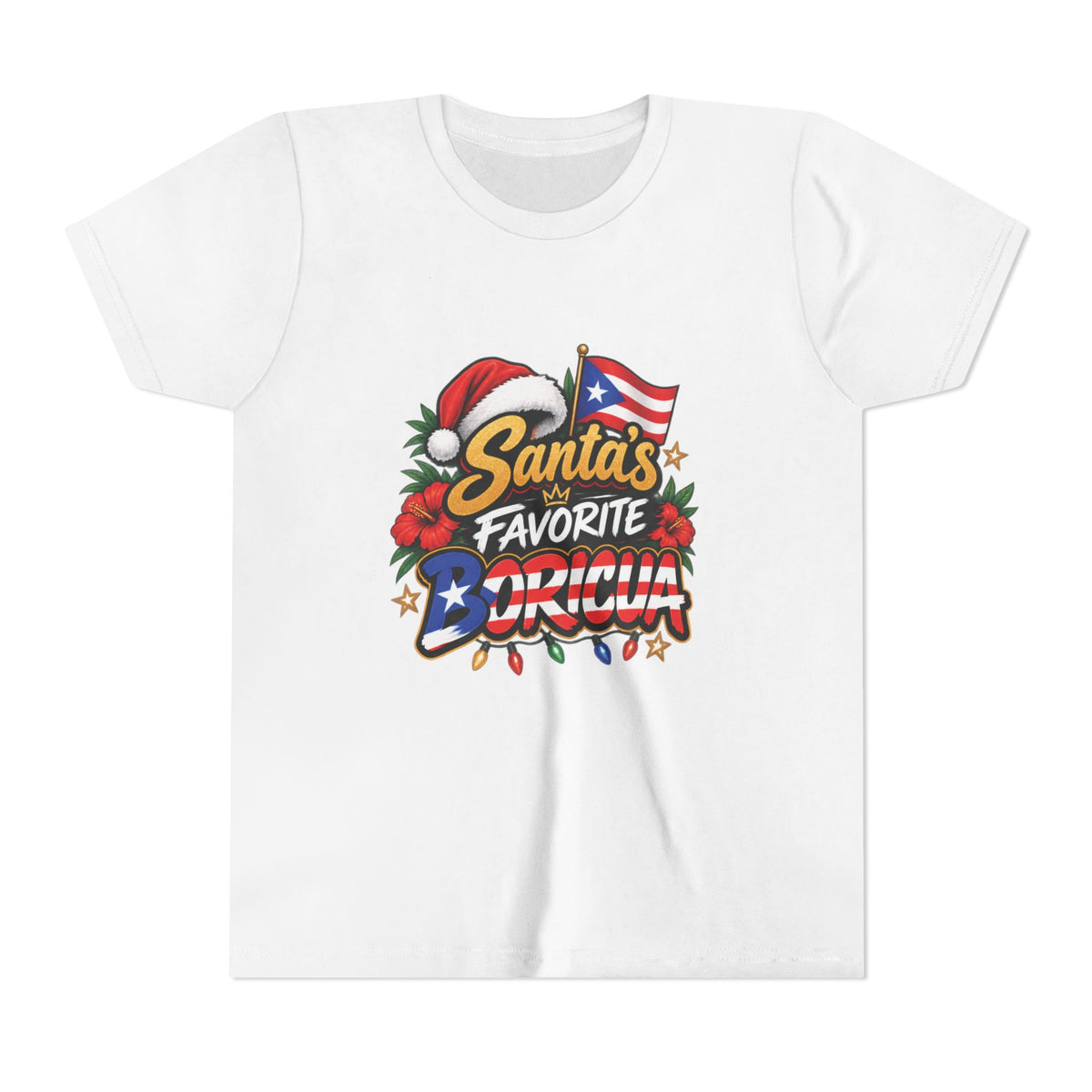 A white short-sleeve crewneck t-shirt featuring a colorful graphic print on the front that reads 'Santa's Favorite Boricua with a Santa hat, Puerto Rican flag, and festive decorations.