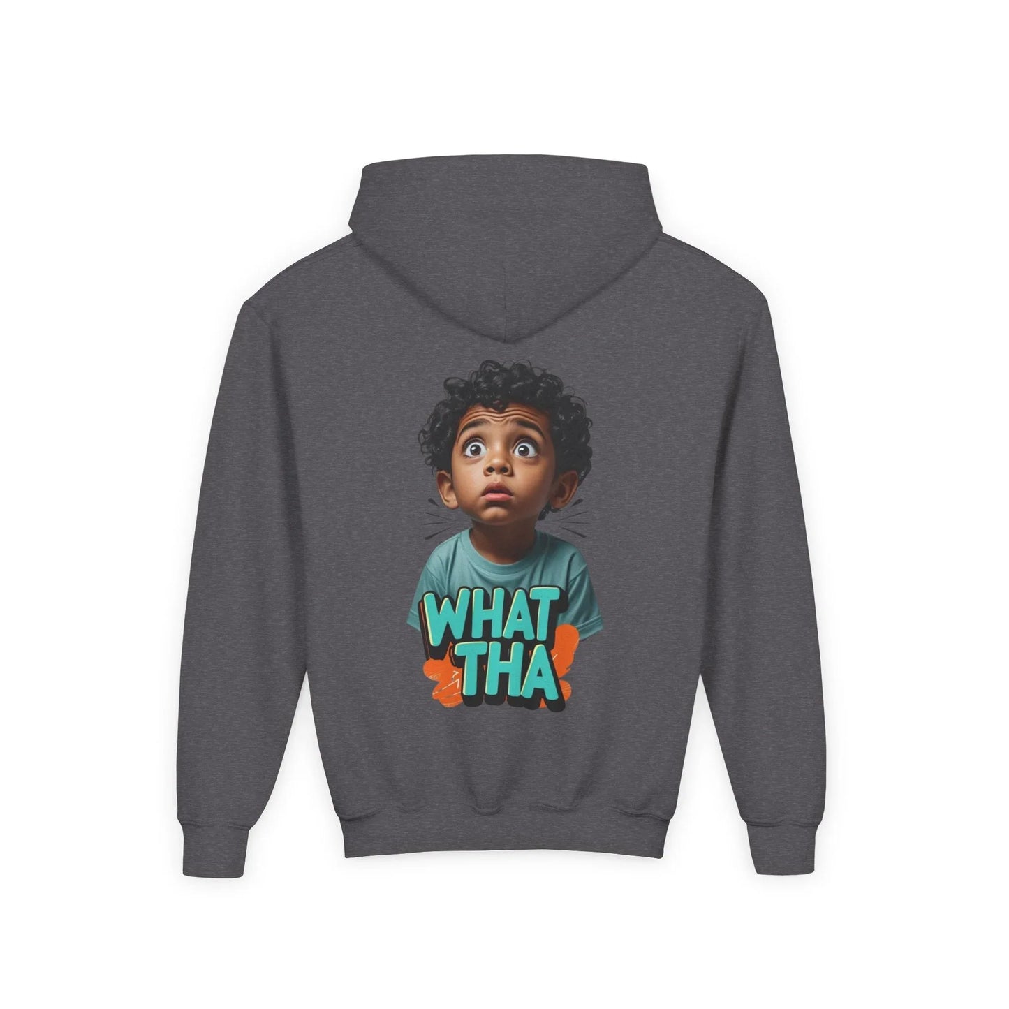 Youth Hoodie — Cute Kid Illustration "What Tha" Graphic Sweatshirt Printify