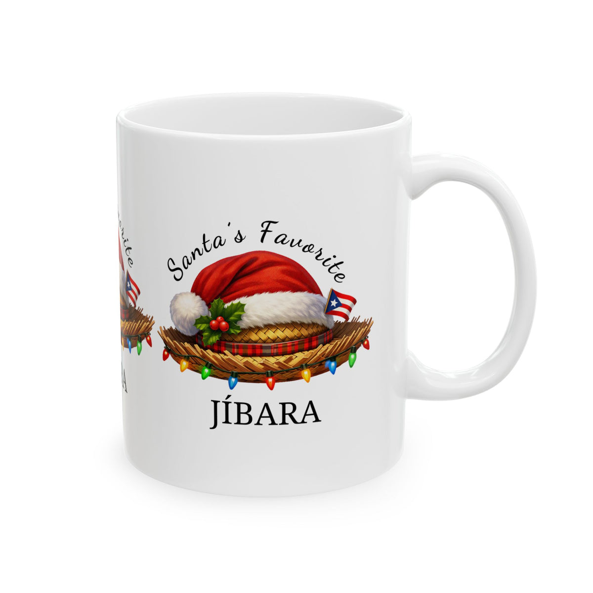 White Santa’s Favorite Jíbara Christmas mug shown with the printed design facing forward and handle on the right.
