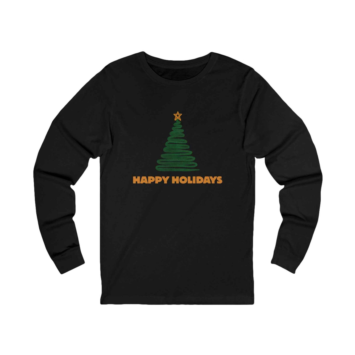 Black long-sleeve shirt with a minimal Christmas tree and “Happy Holidays” design, front view.
