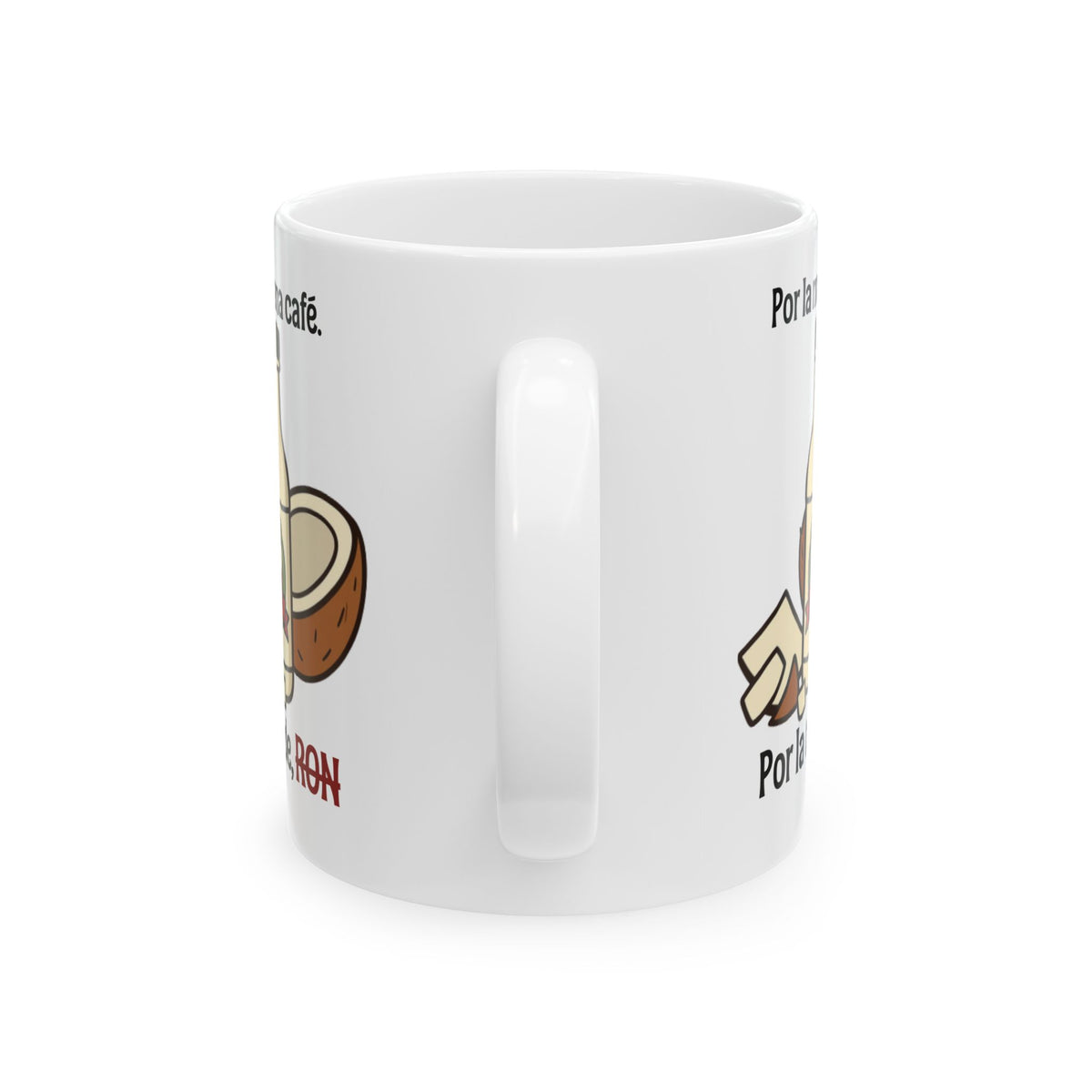  Handle-side view of a white coffee mug with a wraparound coffee-and-rum design.