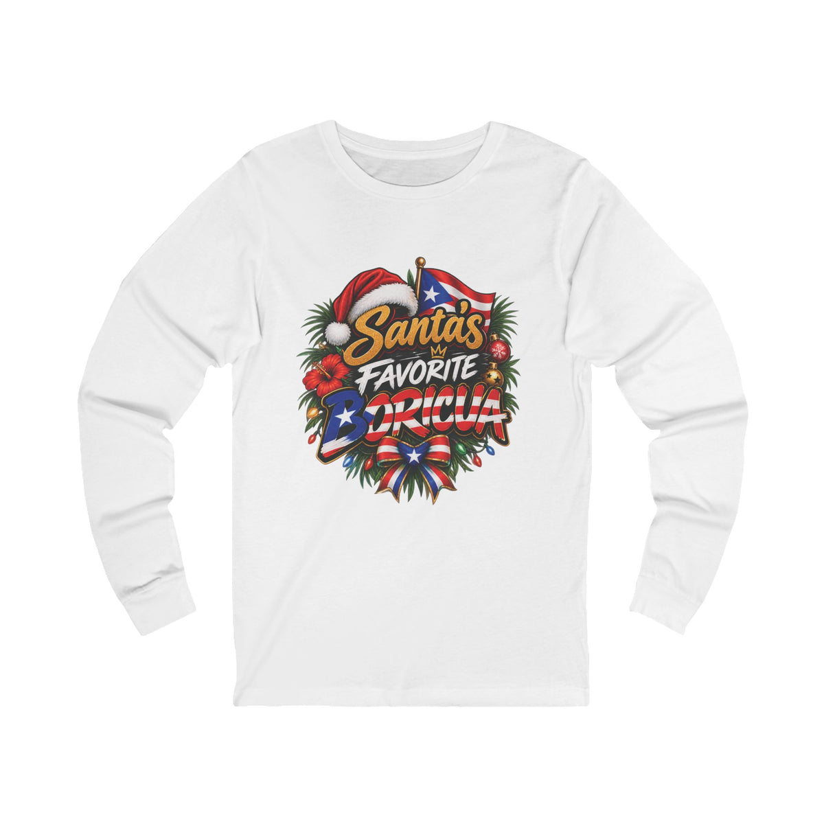 White Santa’s Favorite Boricua Christmas long-sleeve shirt with colorful holiday artwork and Puerto Rican flag details.
