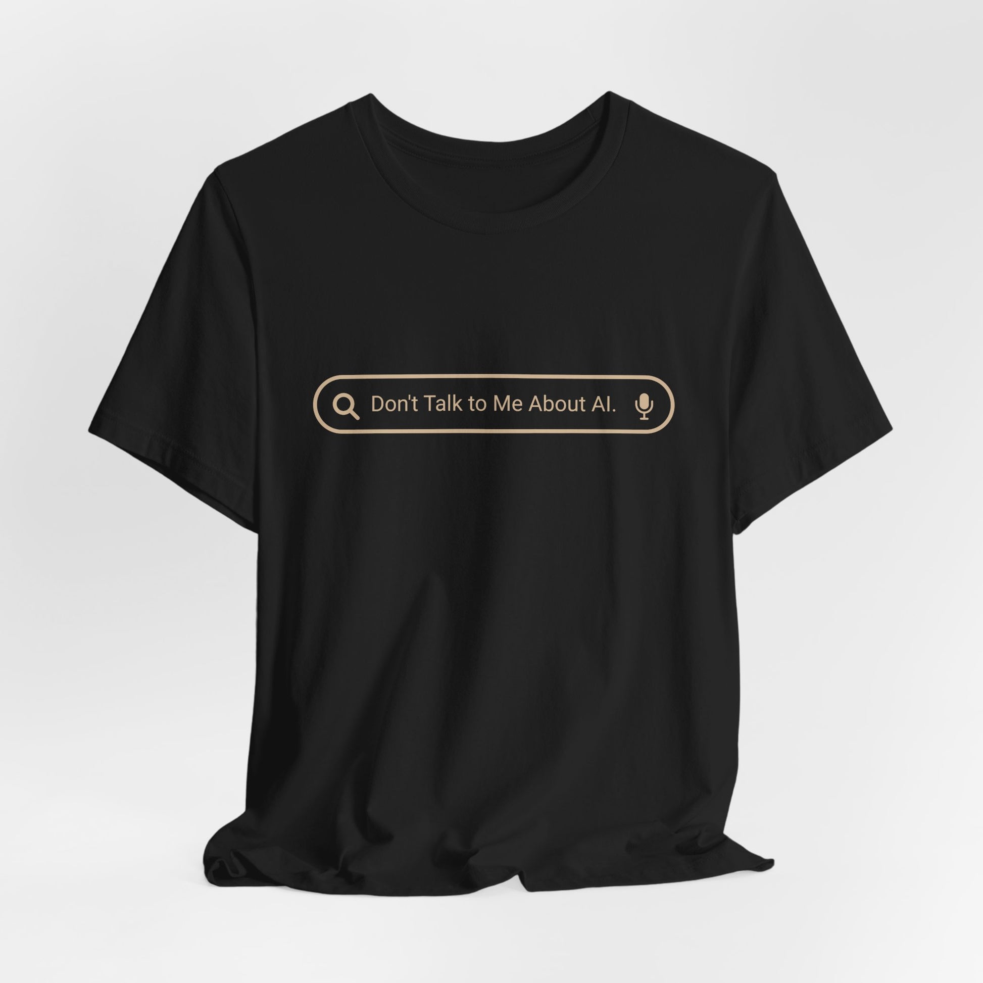Don't Talk to Me About AI black tee showing relaxed fit and how the shirt drapes

