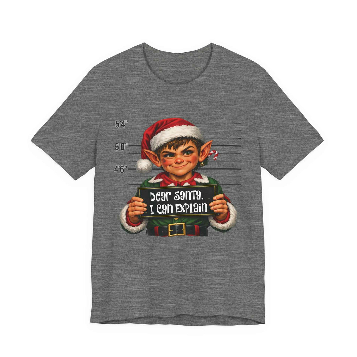 Deep Heather Dear Santa I Can Explain funny Christmas elf t-shirt, front view