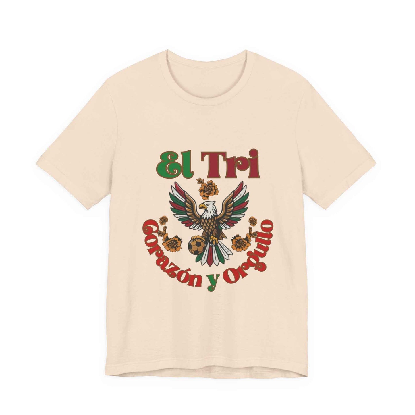 Soft cream El Tri Corazón y Orgullo tee flat lay, front view
