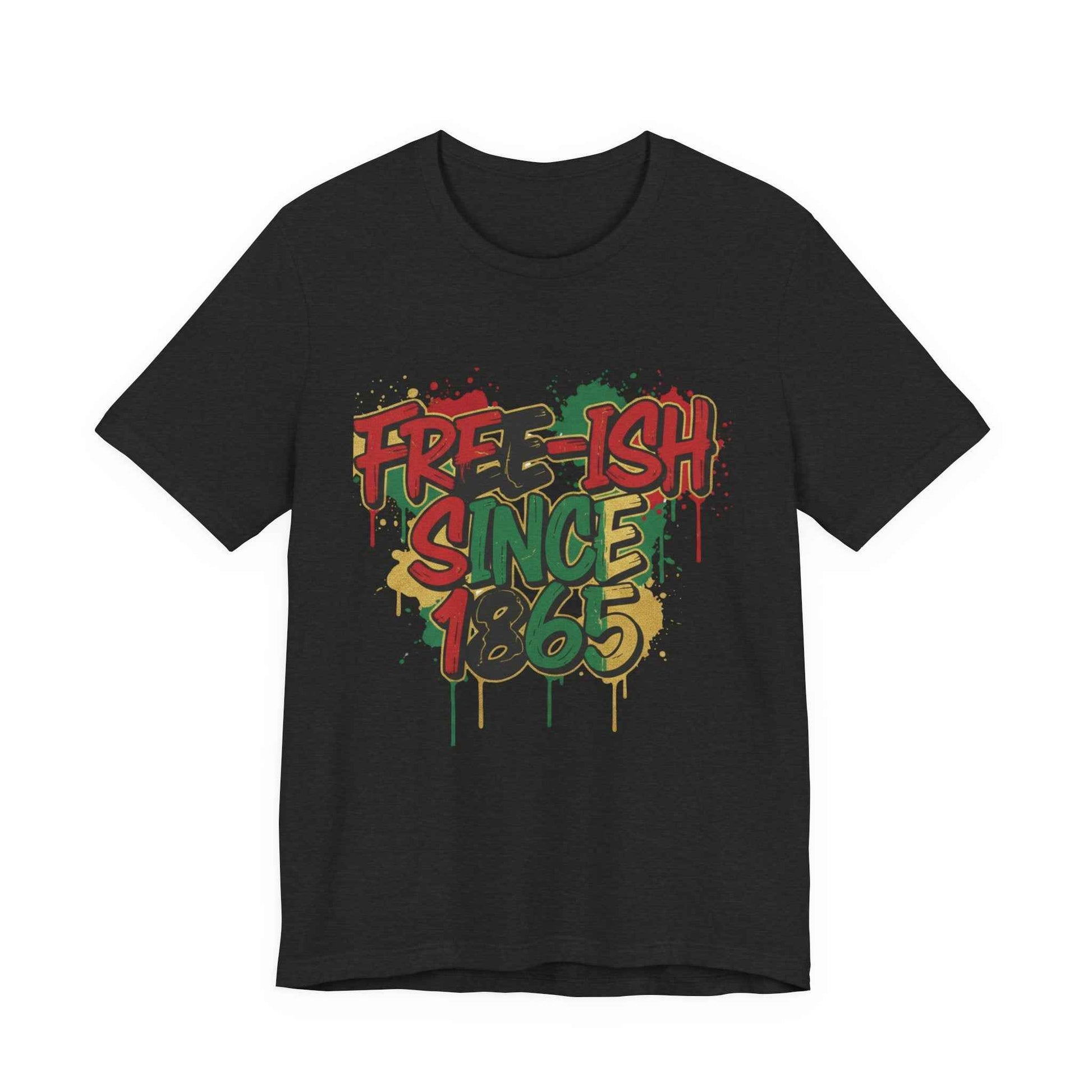 Free-ish Since 1865 Juneteenth Graphic Tee in Black – product flat lay mockup with bold graffiti emancipation design

