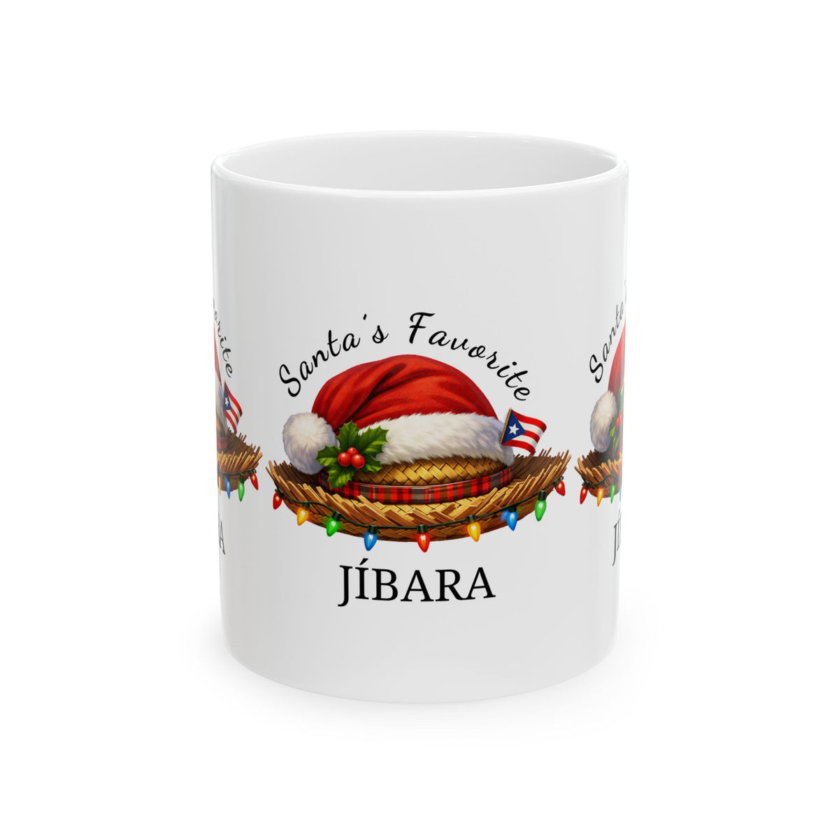 Handle-free view of the Santa’s Favorite Jíbara mug showing the festive hat artwork and Jíbara lettering.
