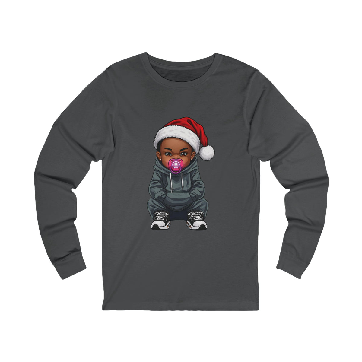 Front view of a asphalt Uzi Baby Christmas long-sleeve t-shirt with the Uzi Baby character in a Santa hat