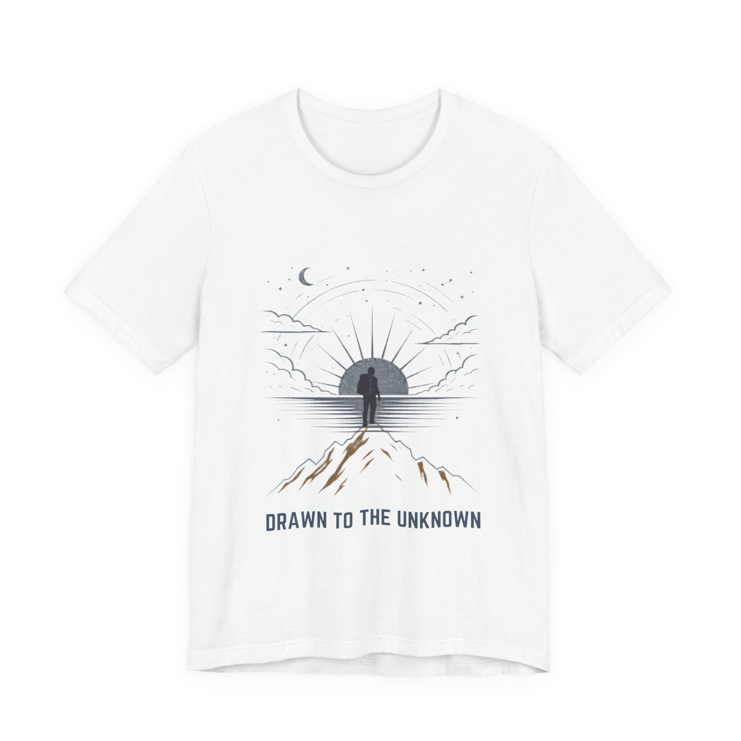 Drawn to the Unknown graphic tee in white — celestial mountain sunburst design front view — Leela's Ink

