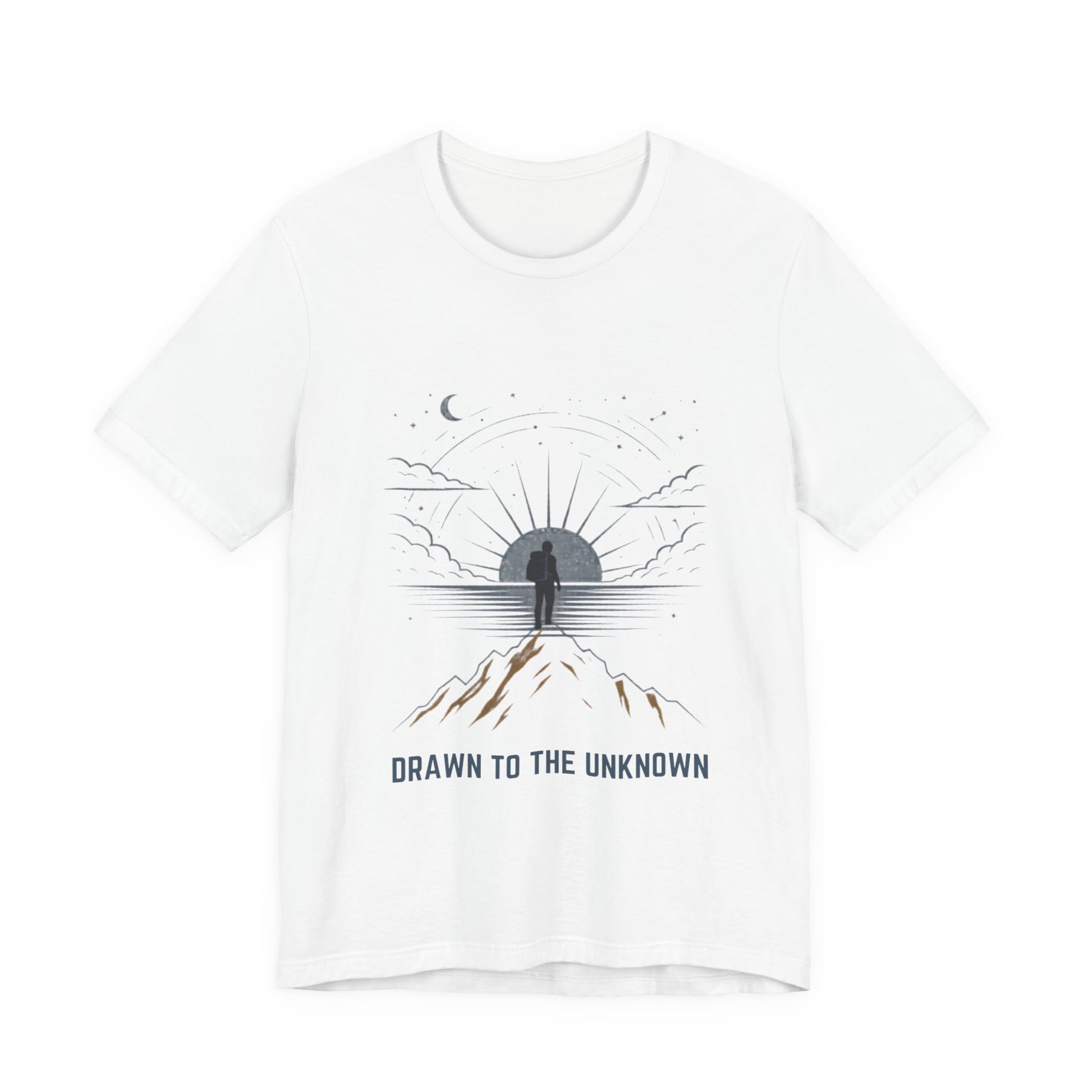 Drawn to the Unknown graphic tee in white — celestial mountain sunburst design front view — Leela's Ink

