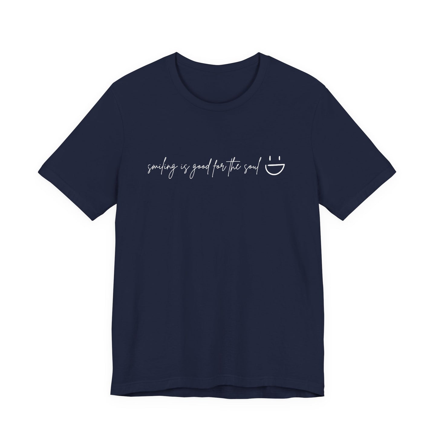 Flat lay Navy Navy Smiling Is Good for the Soul women's graphic tee flat lay – Leela's Ink minimalist script tee Bella+Canvas 3001

