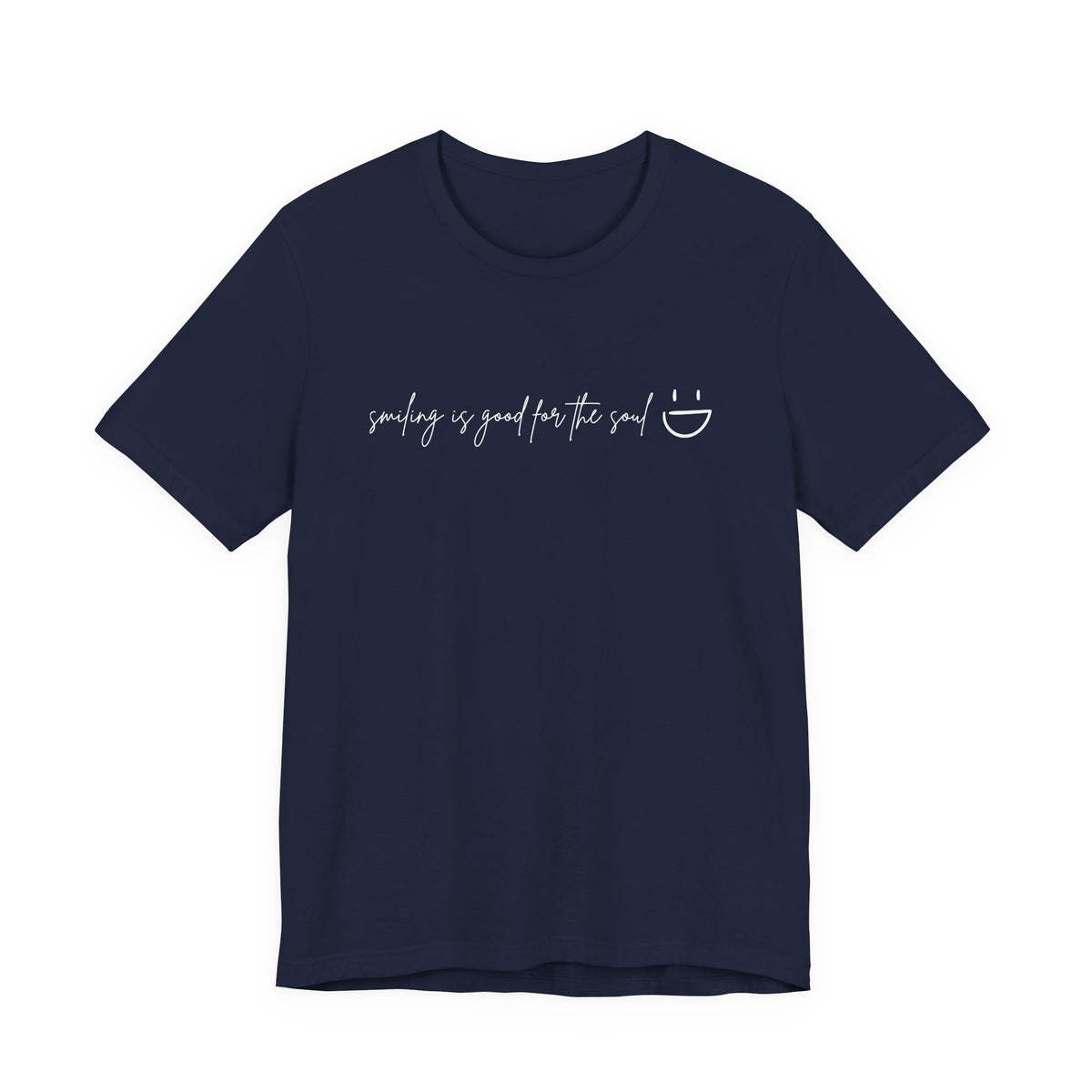 Flat lay Navy Navy Smiling Is Good for the Soul women's graphic tee flat lay – Leela's Ink minimalist script tee Bella+Canvas 3001

