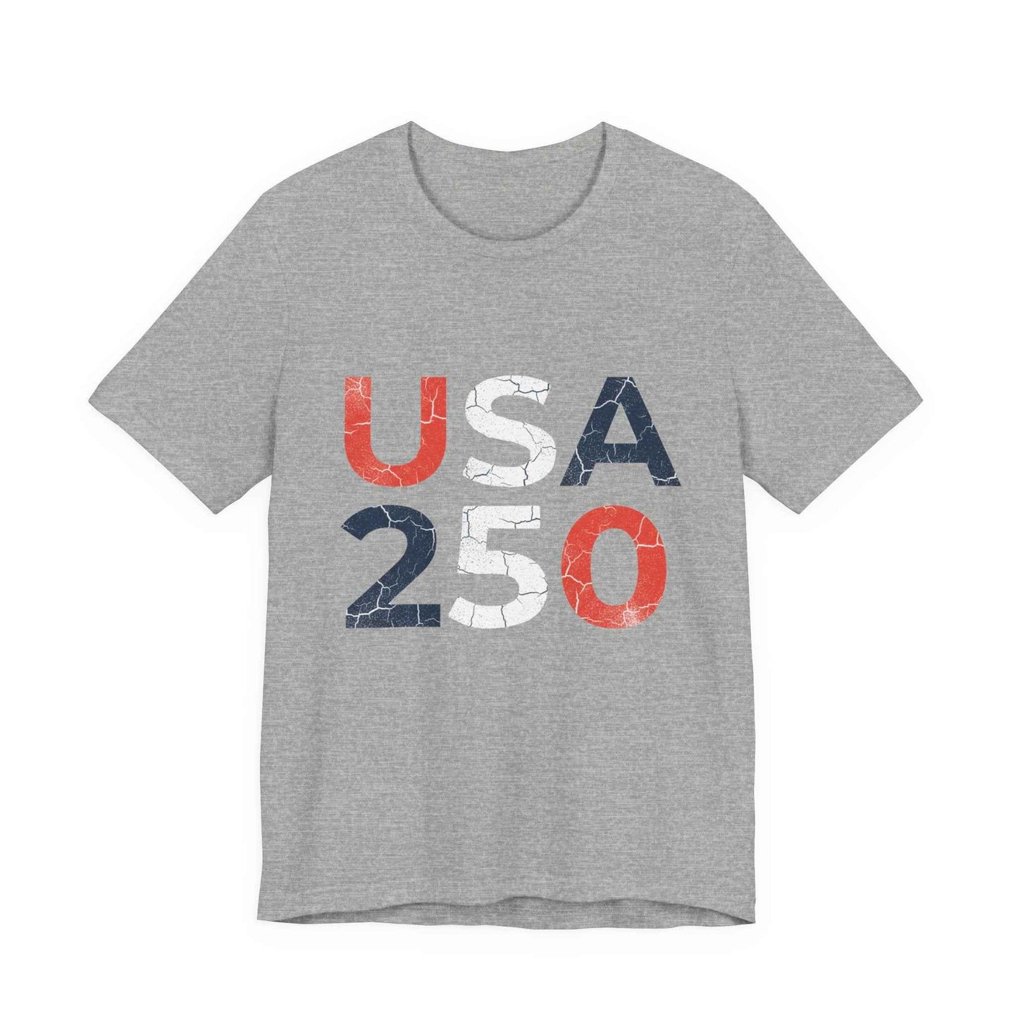 USA 250 Distressed Graphic Tee in Athletic Heather – flat lay product mockup of patriotic America 250th anniversary distressed tee


