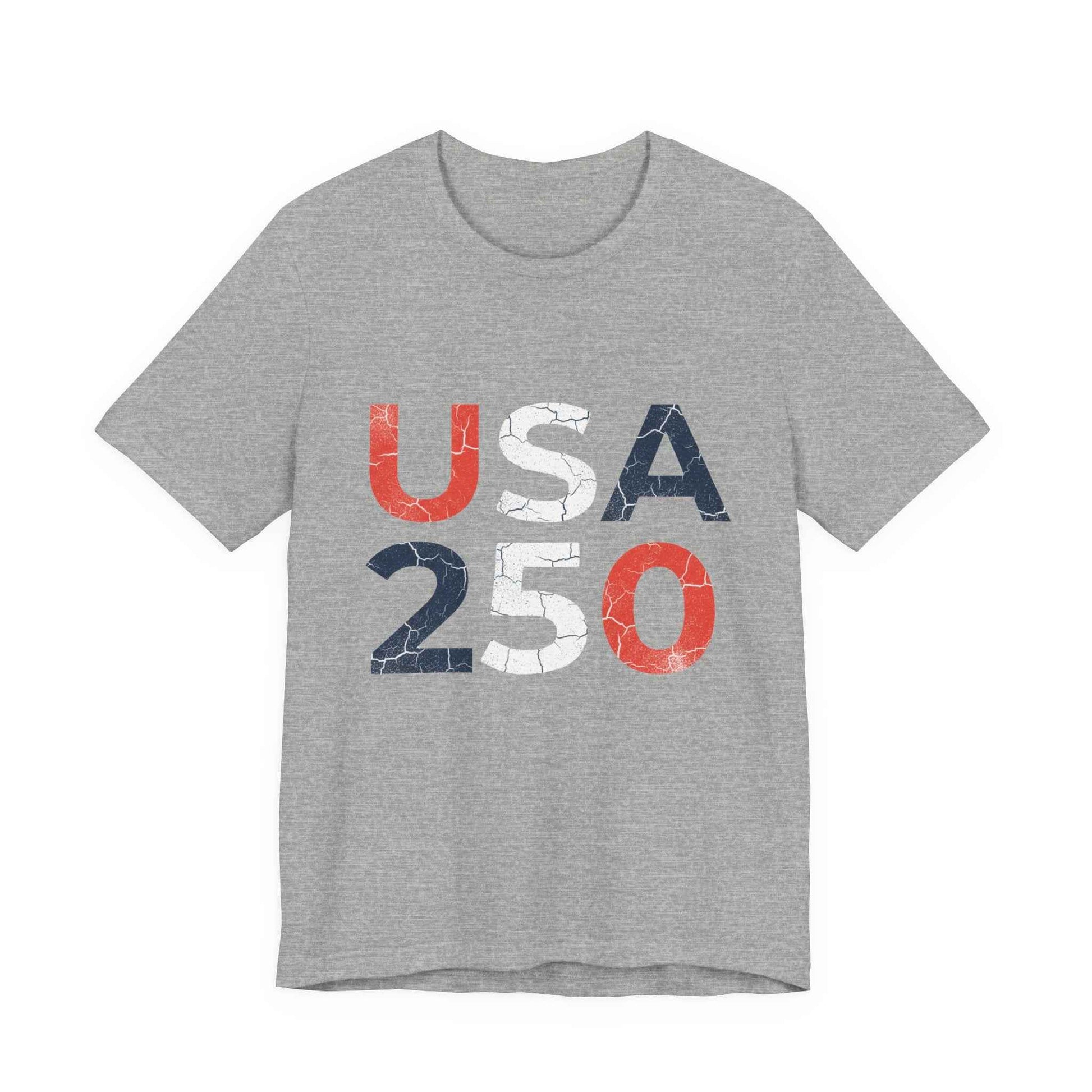 USA 250 Distressed Graphic Tee in Athletic Heather – flat lay product mockup of patriotic America 250th anniversary distressed tee


