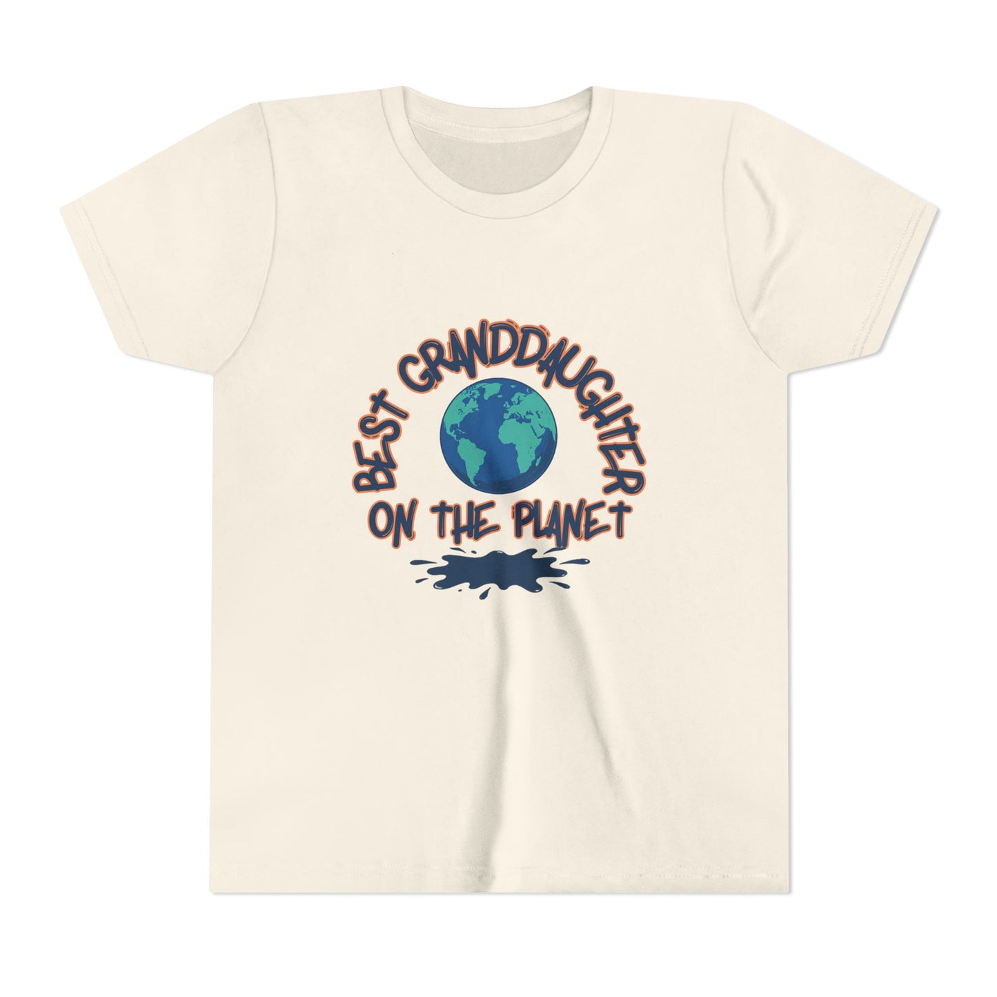 Beige t-shirt with 'Best Granddaughter on the Planet' text and Earth graphic on a white background