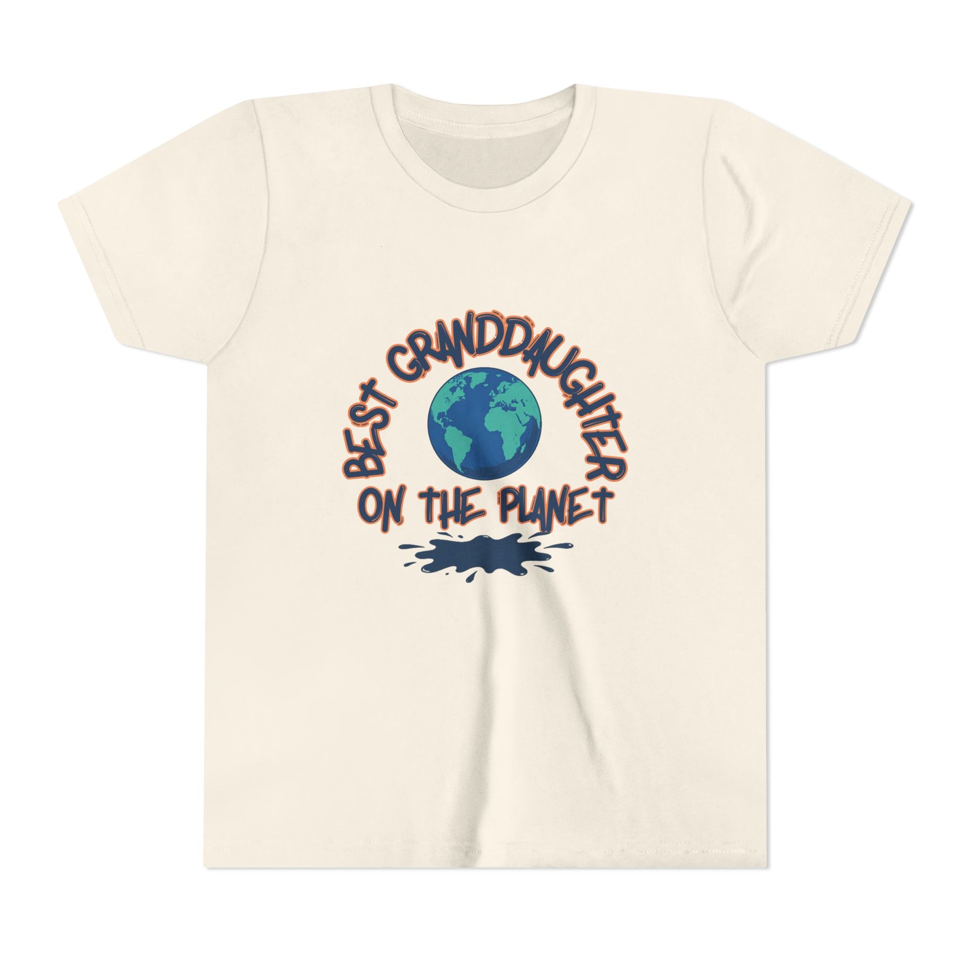 Beige t-shirt with 'Best Granddaughter on the Planet' text and Earth graphic on a white background