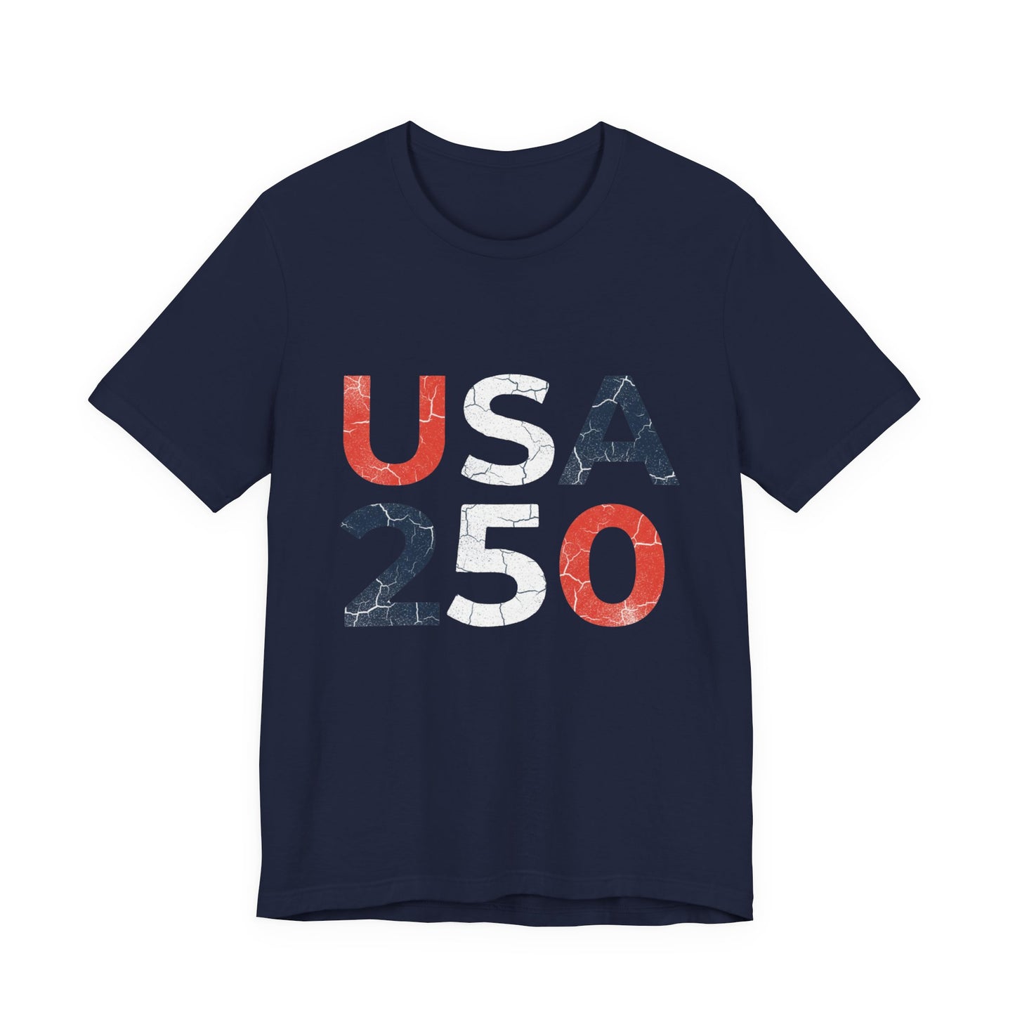 USA 250 Distressed Graphic Tee in Navy – flat lay mockup of distressed USA 250 patriotic block letter 4th of July tee


