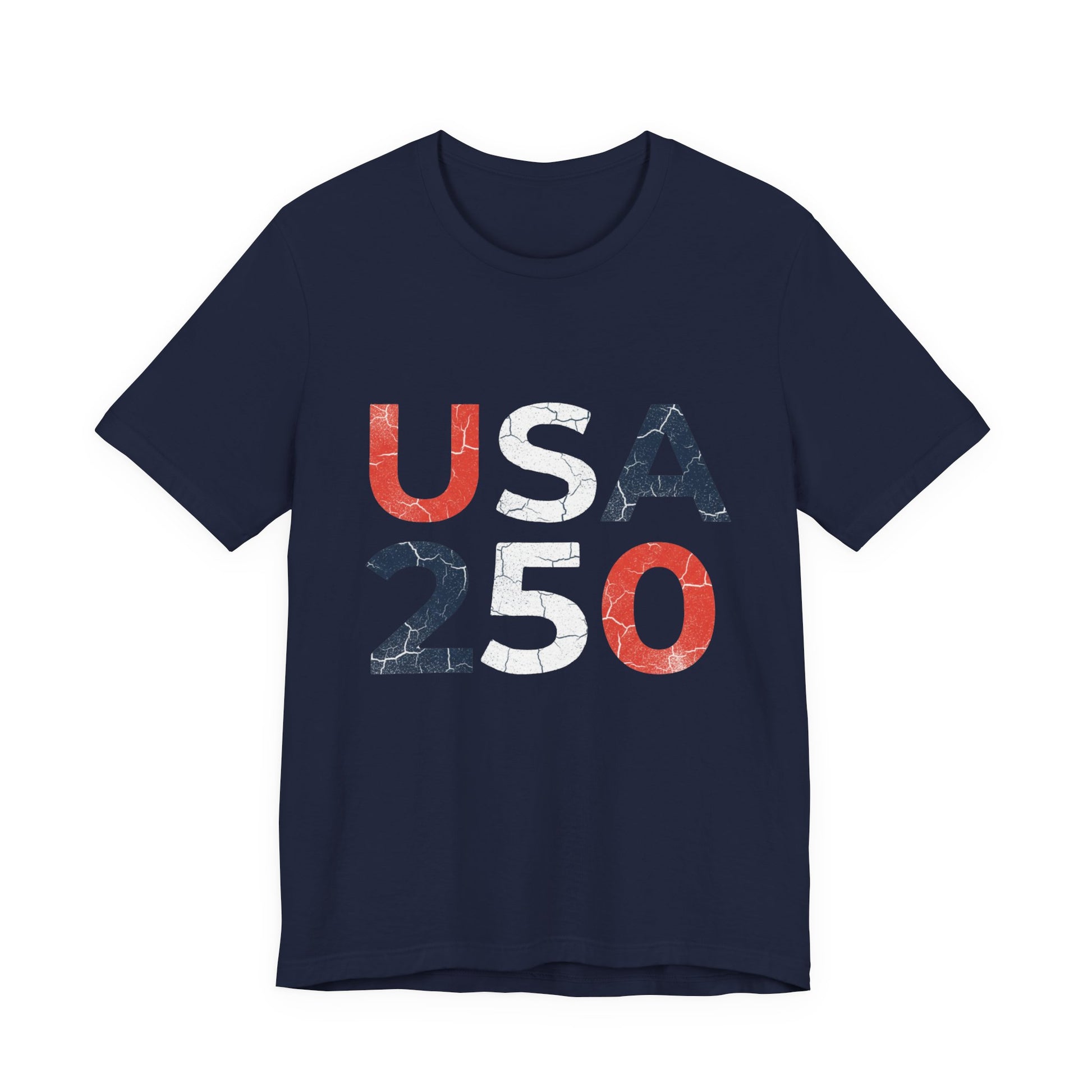 USA 250 Distressed Graphic Tee in Navy – flat lay mockup of distressed USA 250 patriotic block letter 4th of July tee

