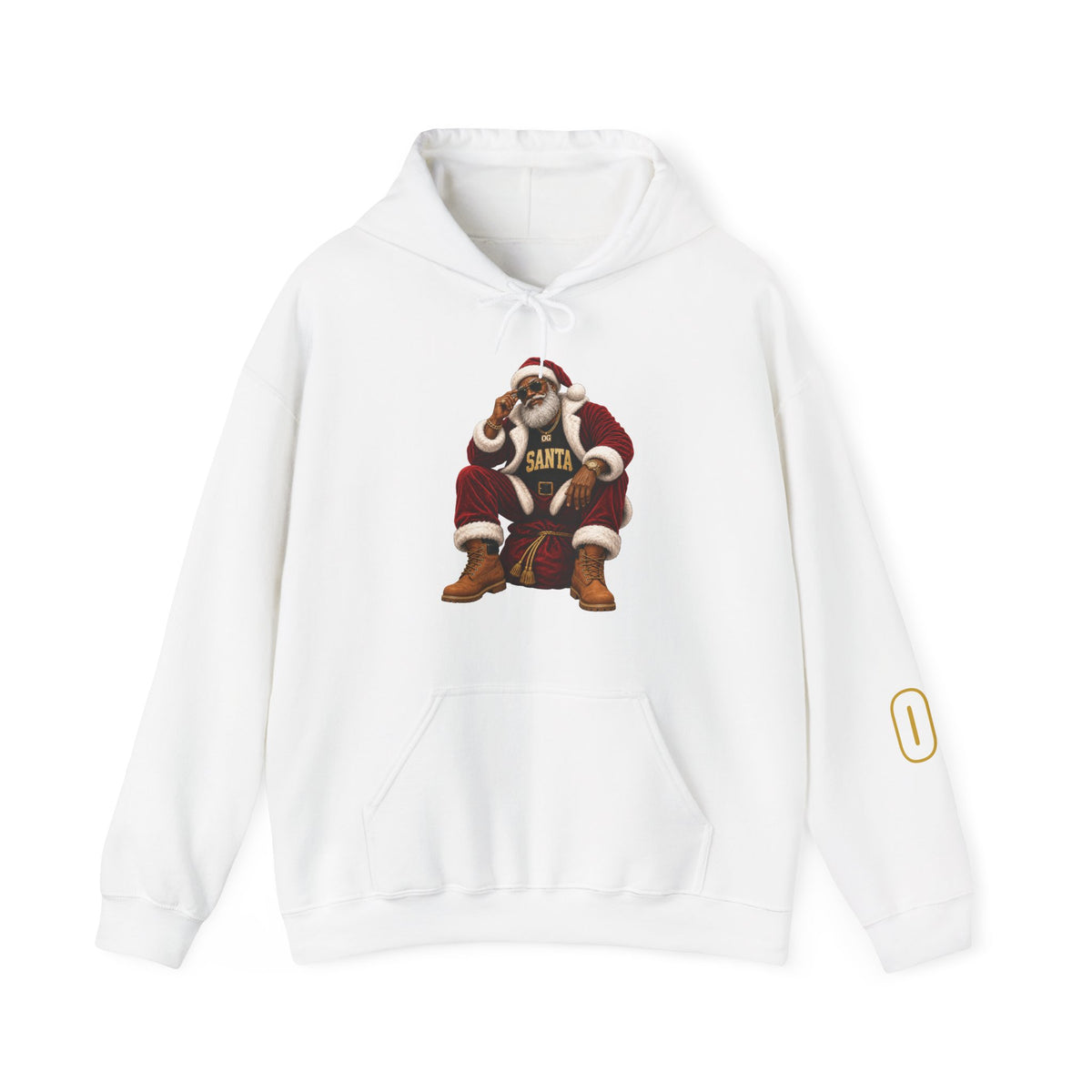 White pullover hoodie featuring a seated Santa graphic with OG Santa lettering.