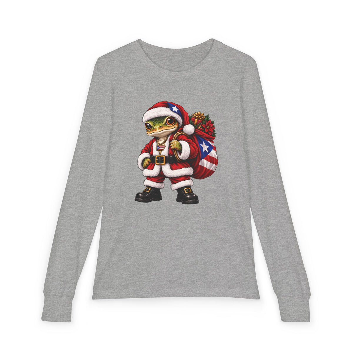 Front view of a gray long-sleeve Christmas t-shirt with a Puerto Rican coquí graphic.