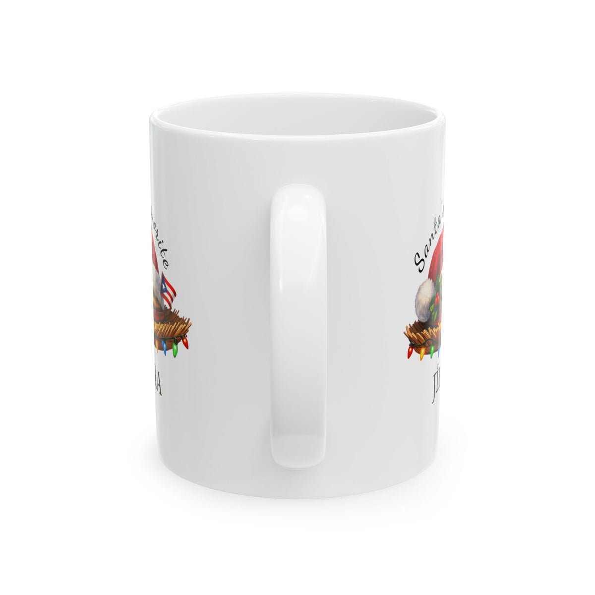 Side view of the white Jíbara Christmas mug showing the unprinted area between the repeated designs.
