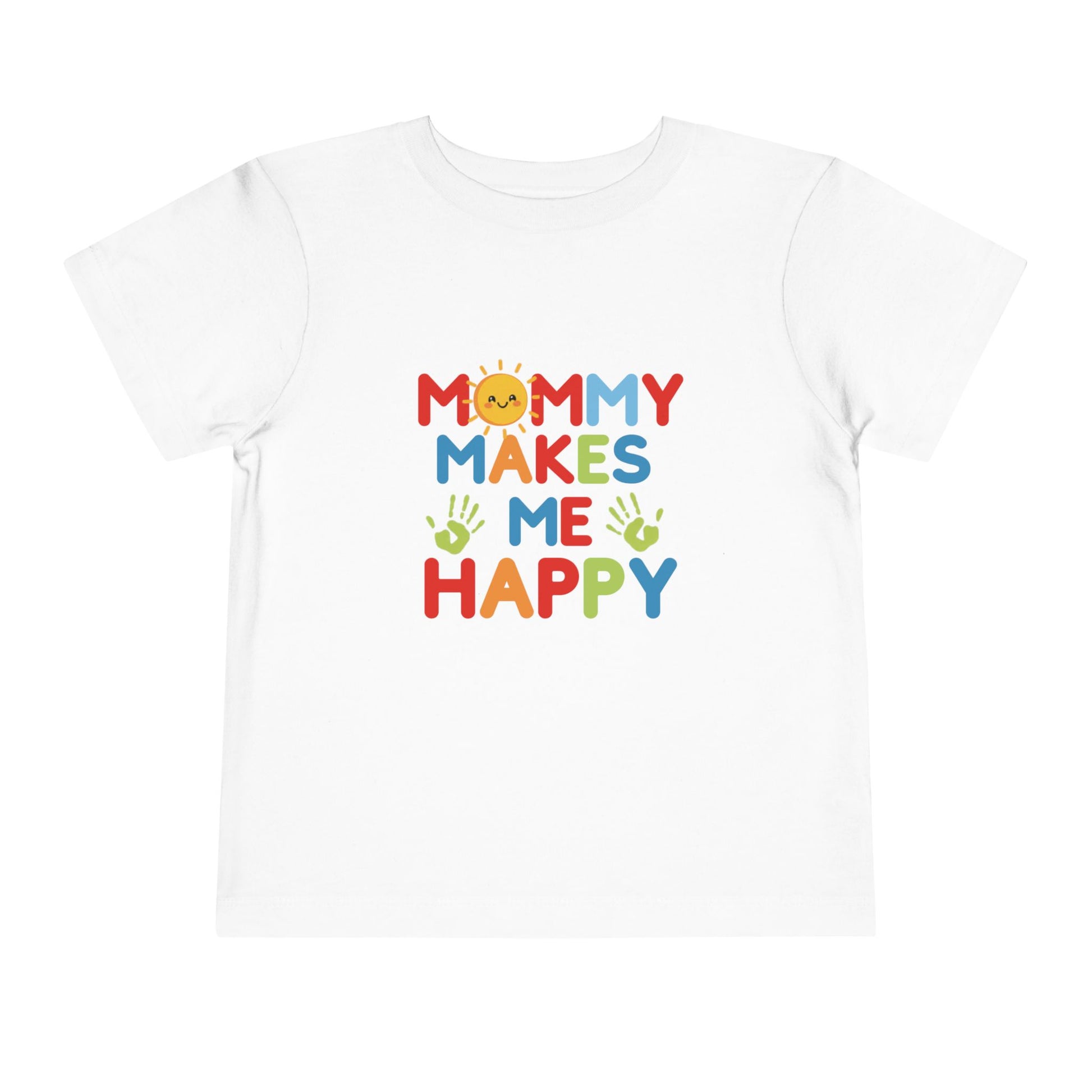 Flat lay of white toddler tee with Mommy Makes Me Happy rainbow smiley sun design
