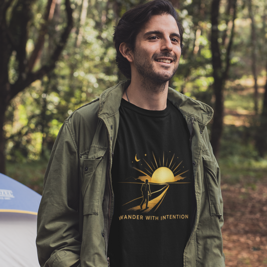 Man in forest wearing black Wander With Intention graphic tee under olive jacket, outdoor adventure lifestyle shot
