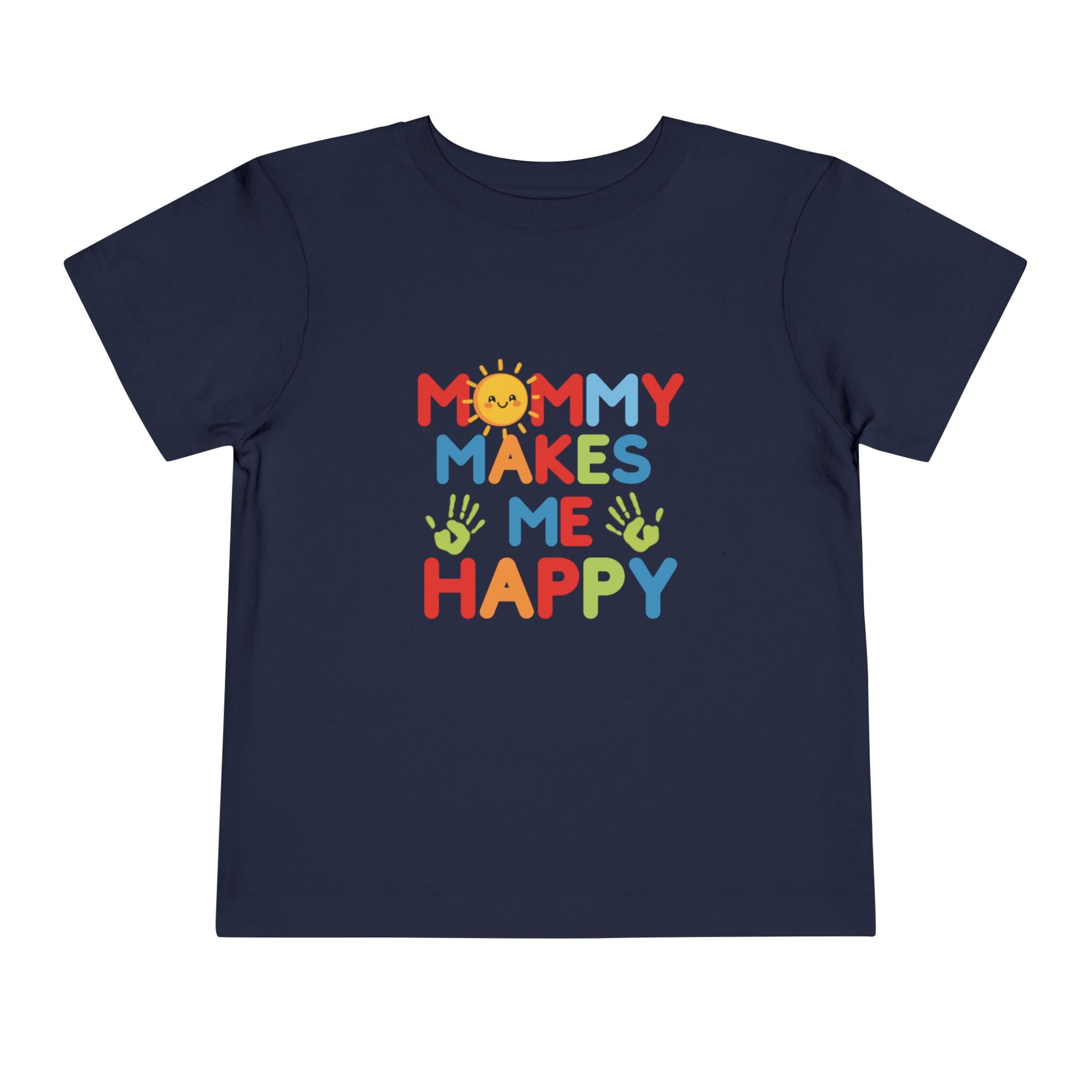 Flat lay of navy toddler tee with Mommy Makes Me Happy colorful rainbow graphic
