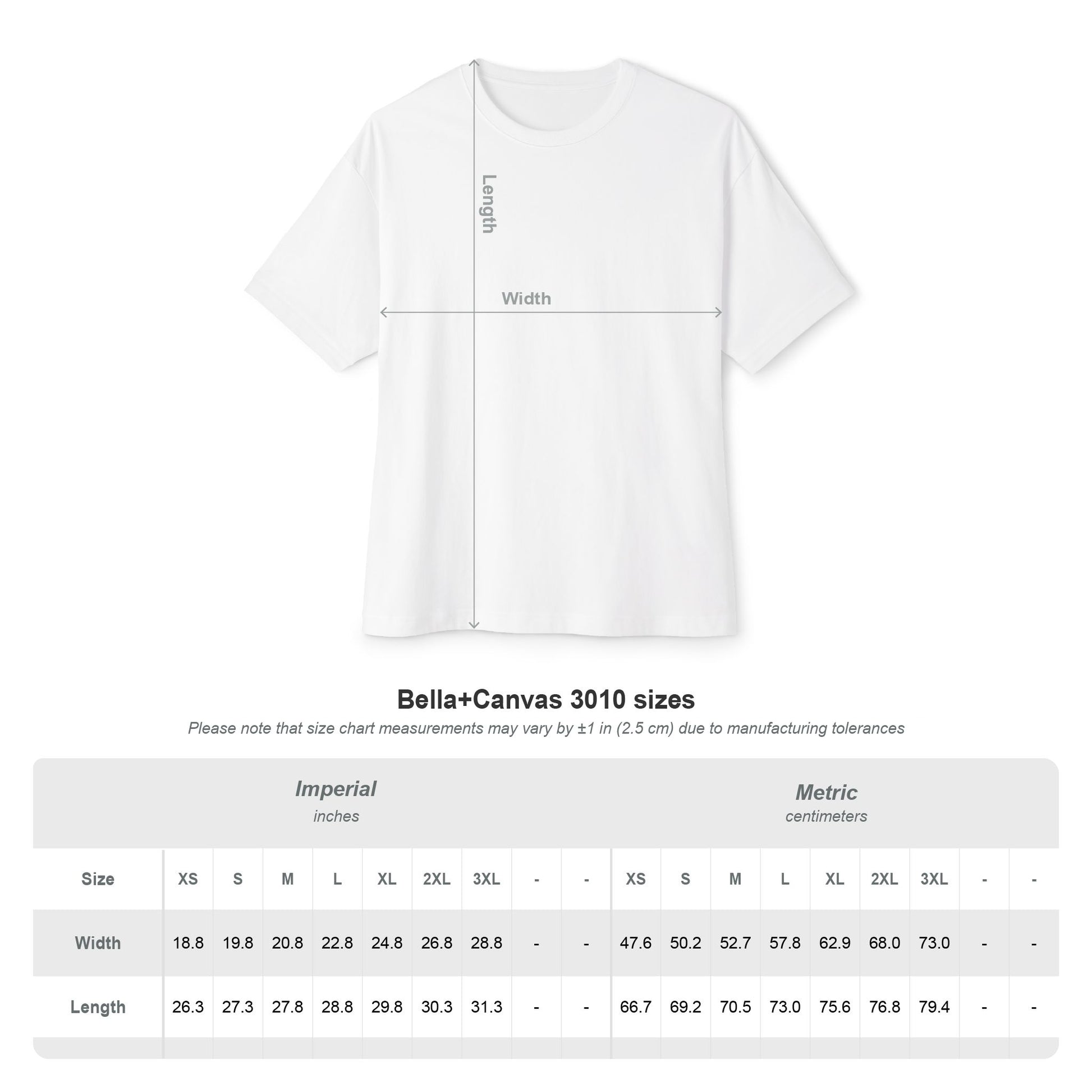 Serial Chiller oversized boxy graphic t-shirt size chart — S through 3XL, Bella+Canvas boxy fit by Leela's Ink