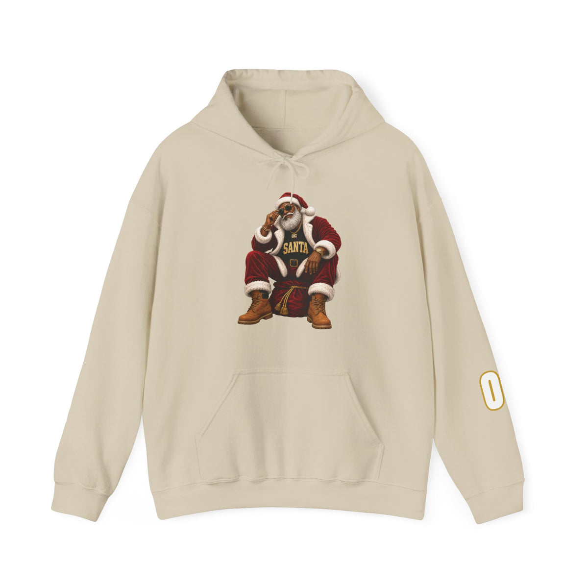 Cream pullover hoodie featuring a seated Santa graphic with OG Santa lettering.