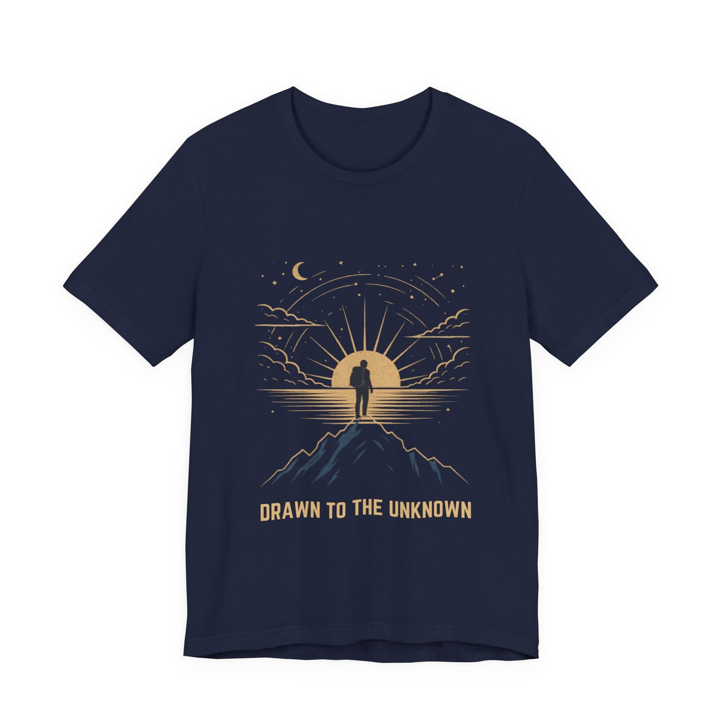 Drawn to the Unknown graphic tee in navy — celestial sunburst mountain silhouette front view — Leela's Ink

