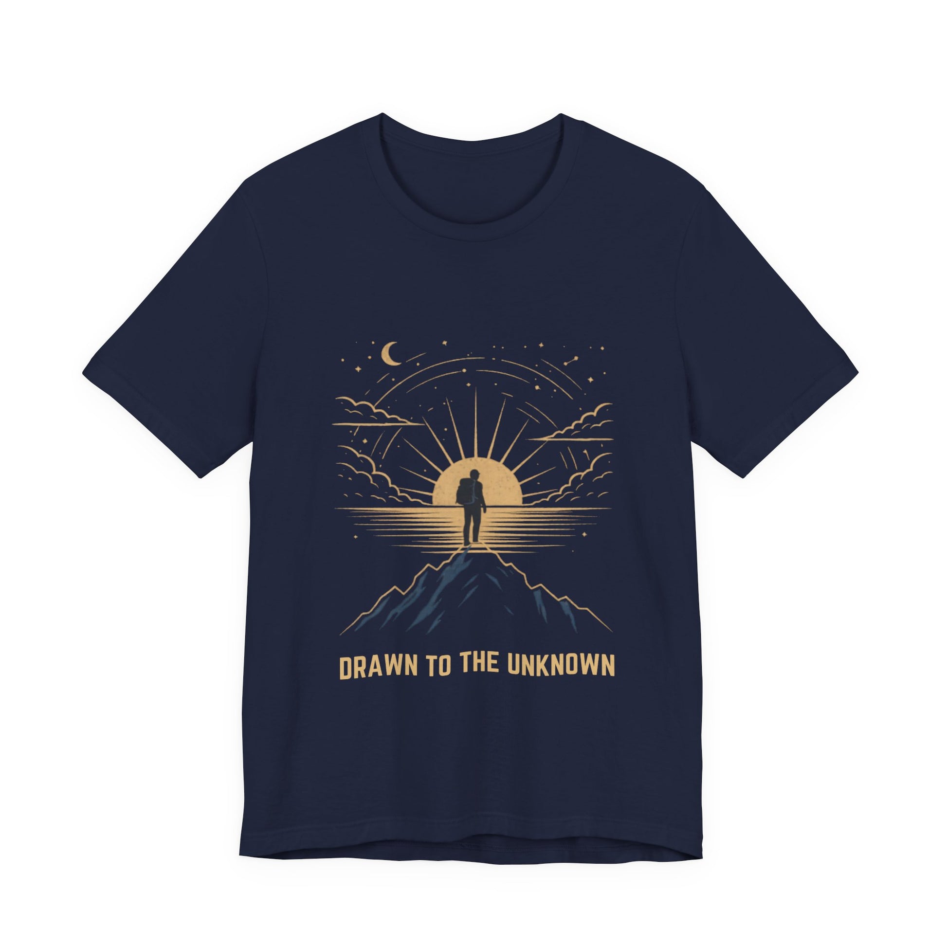 Drawn to the Unknown graphic tee in navy — celestial sunburst mountain silhouette front view — Leela's Ink

