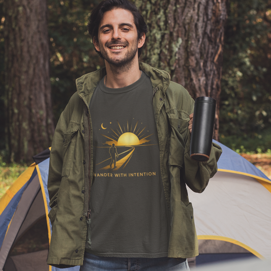 Man smiling outdoors in olive jacket over black Wander With Intention tee, nature lifestyle shot
