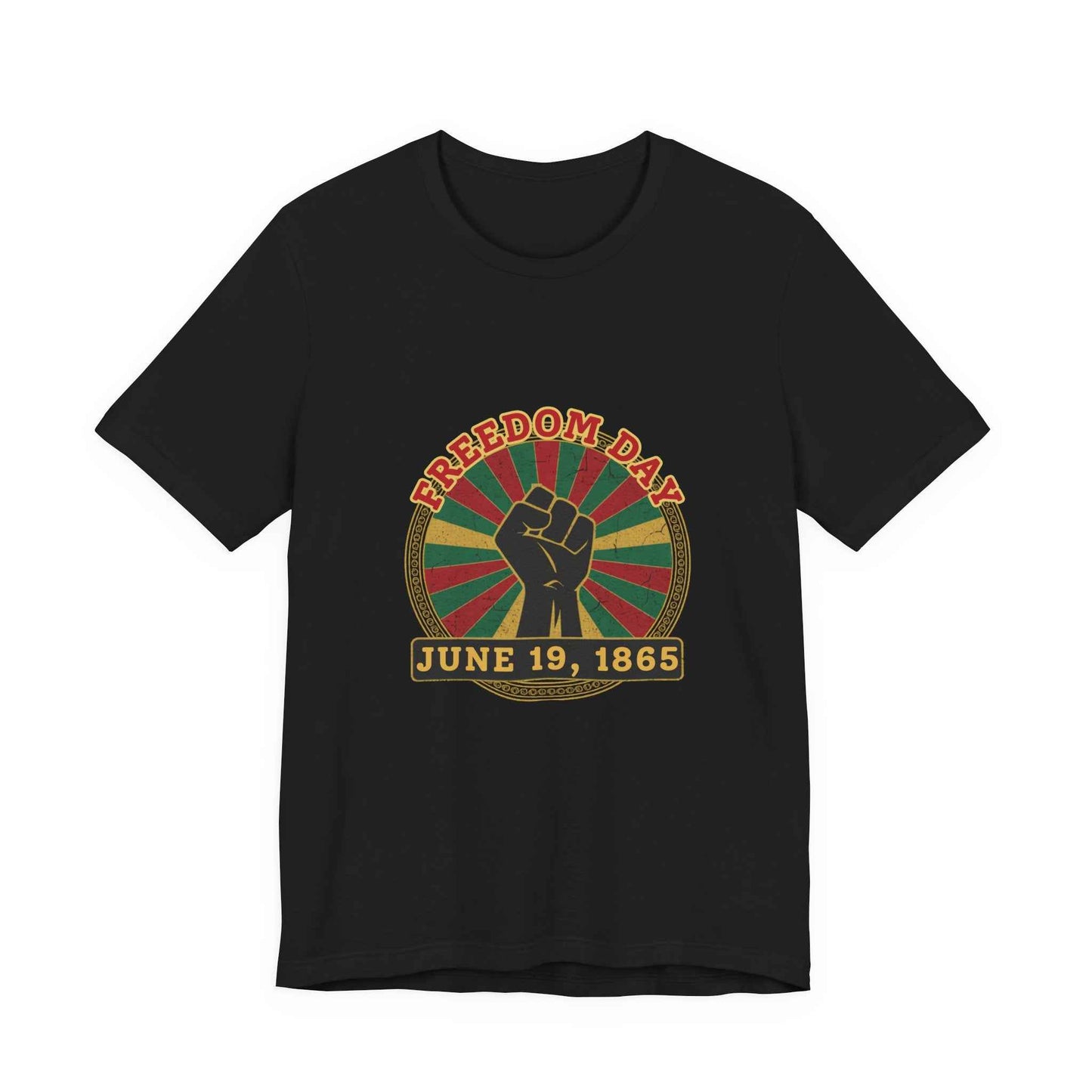 Freedom Day Juneteenth Graphic Tee in Black – product mockup flat lay with Pan-African raised fist design

