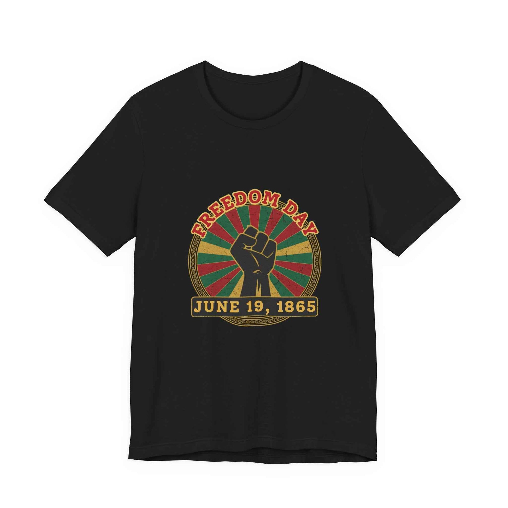 Freedom Day Juneteenth Graphic Tee in Black – product mockup flat lay with Pan-African raised fist design

