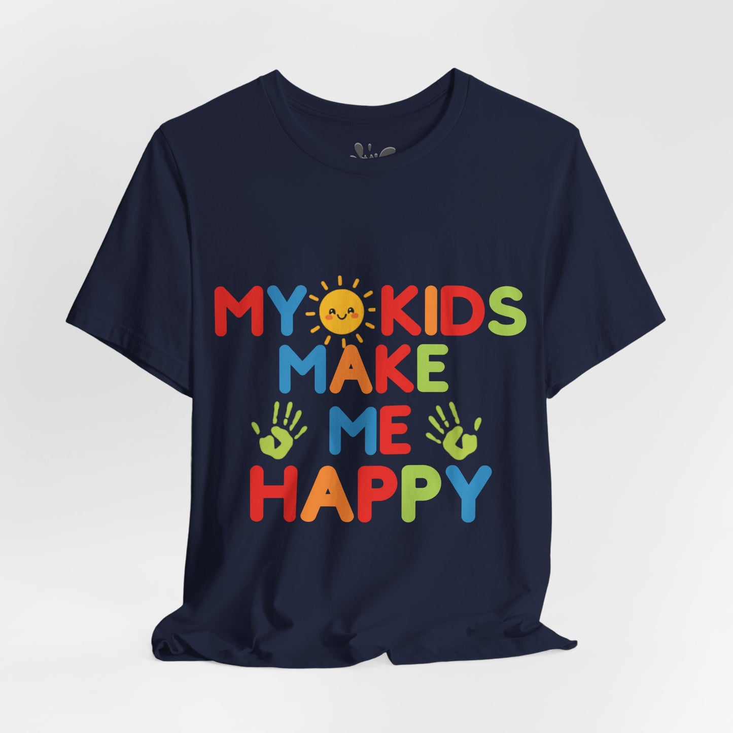 Flat lay of navy My Kids Make Me Happy unisex tee showing how it drops front view
