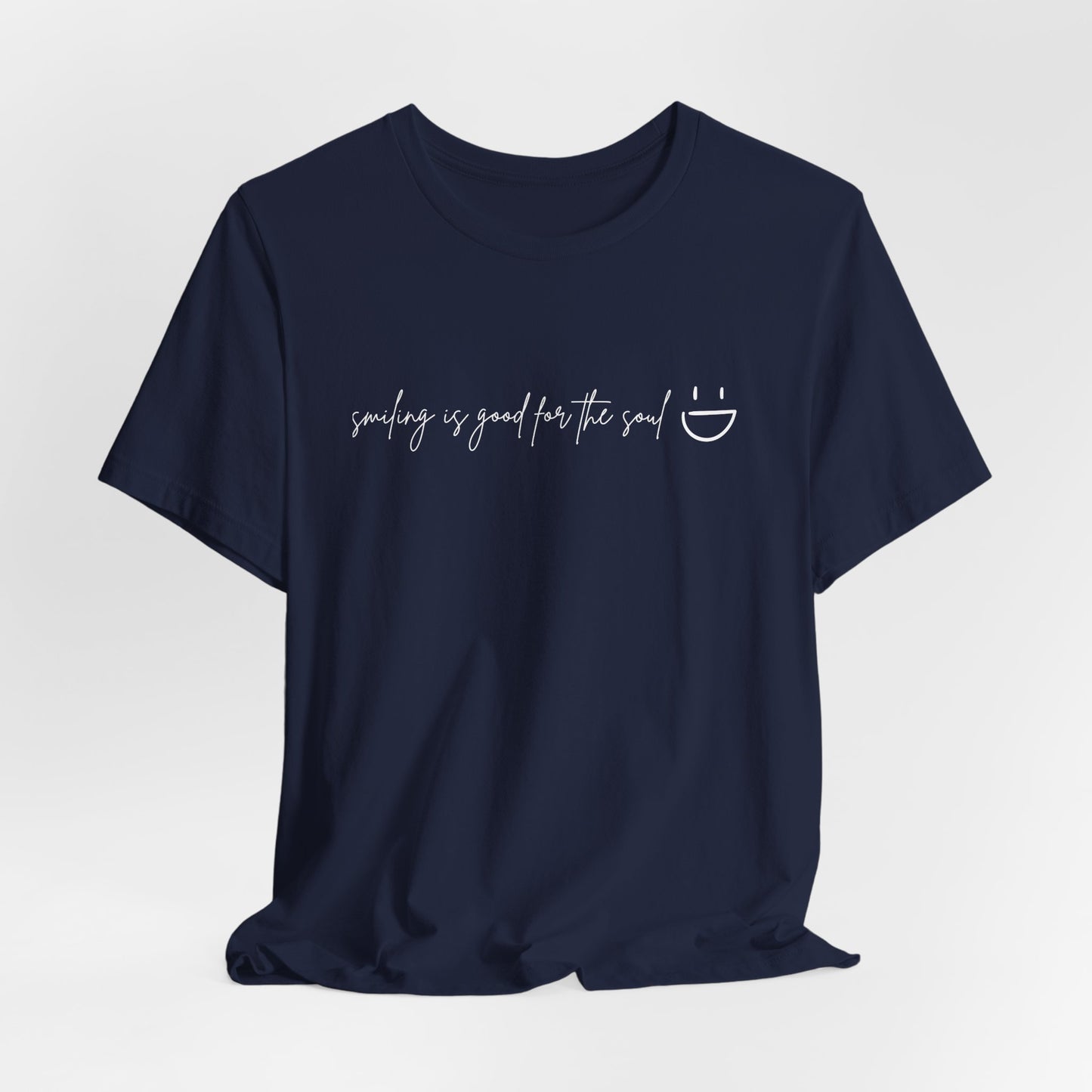 Navy Smiling Is Good for the Soul empowerment graphic tee by Leela's Ink – Bella+Canvas 3001 lightweight crew neck

