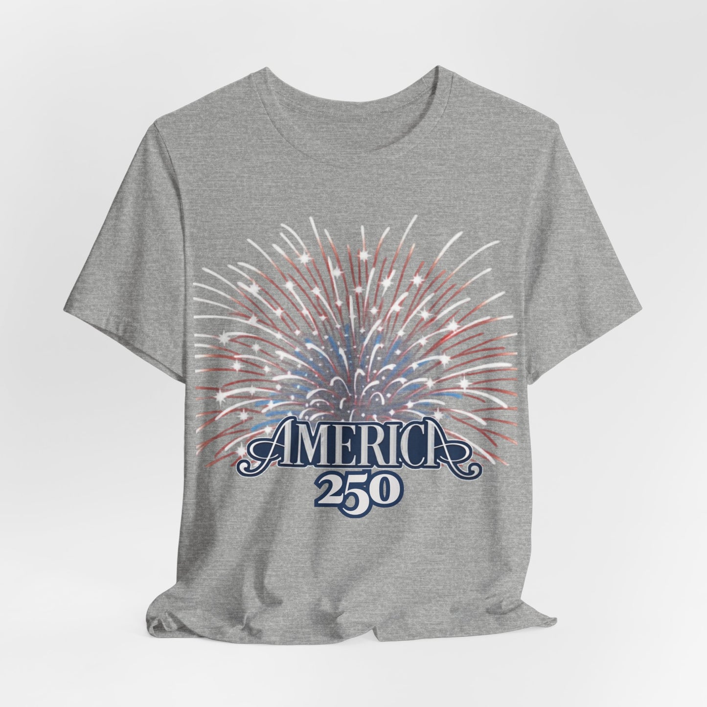 America 250 Fireworks Graphic Tee – relaxed unisex fit drape shot showing how the patriotic 4th of July tee falls on the body

