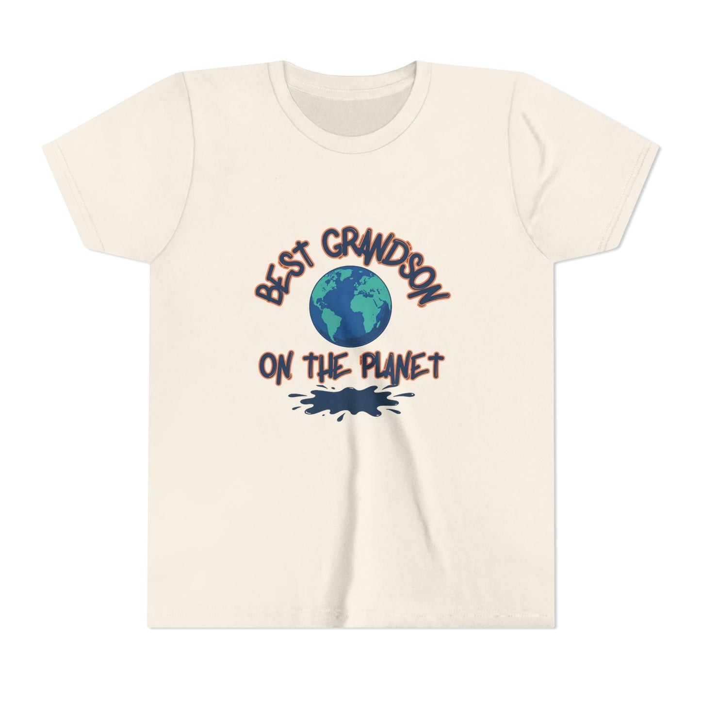 Beige t-shirt with 'Best Grandson on the Planet' text and globe graphic on a white background